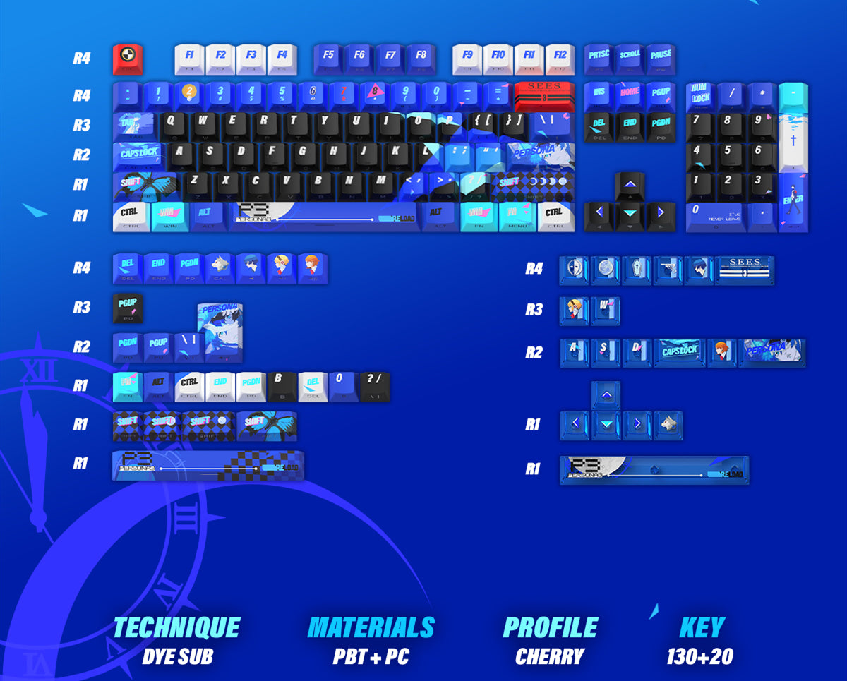 Persona P3R keycap pbt thermal sublimation blue nuclear power side transparent personalized keycap set