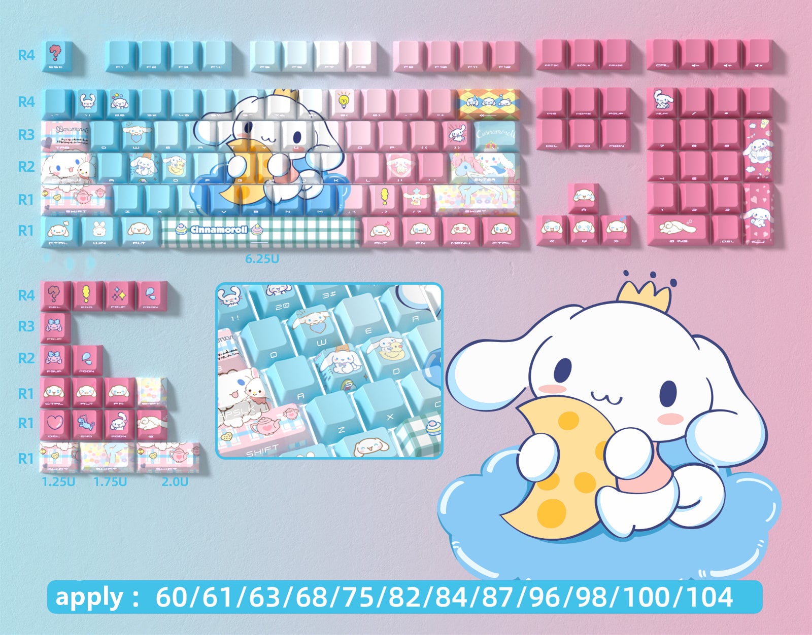 Cinnamoroll Theme Side Carving Transparent Matte Texture Keycaps OEM High PBT Thermal Sublimation Anime Game Theme Customized Keycaps