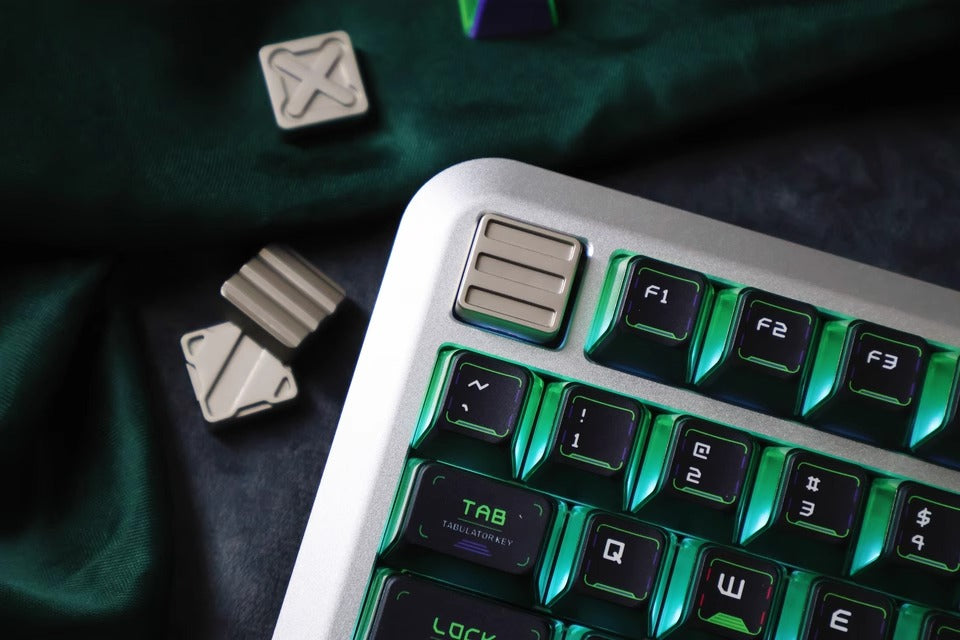 Nuclear Cube themed design, metal black and white color scheme, glossy matte metal, customized personalized keycaps