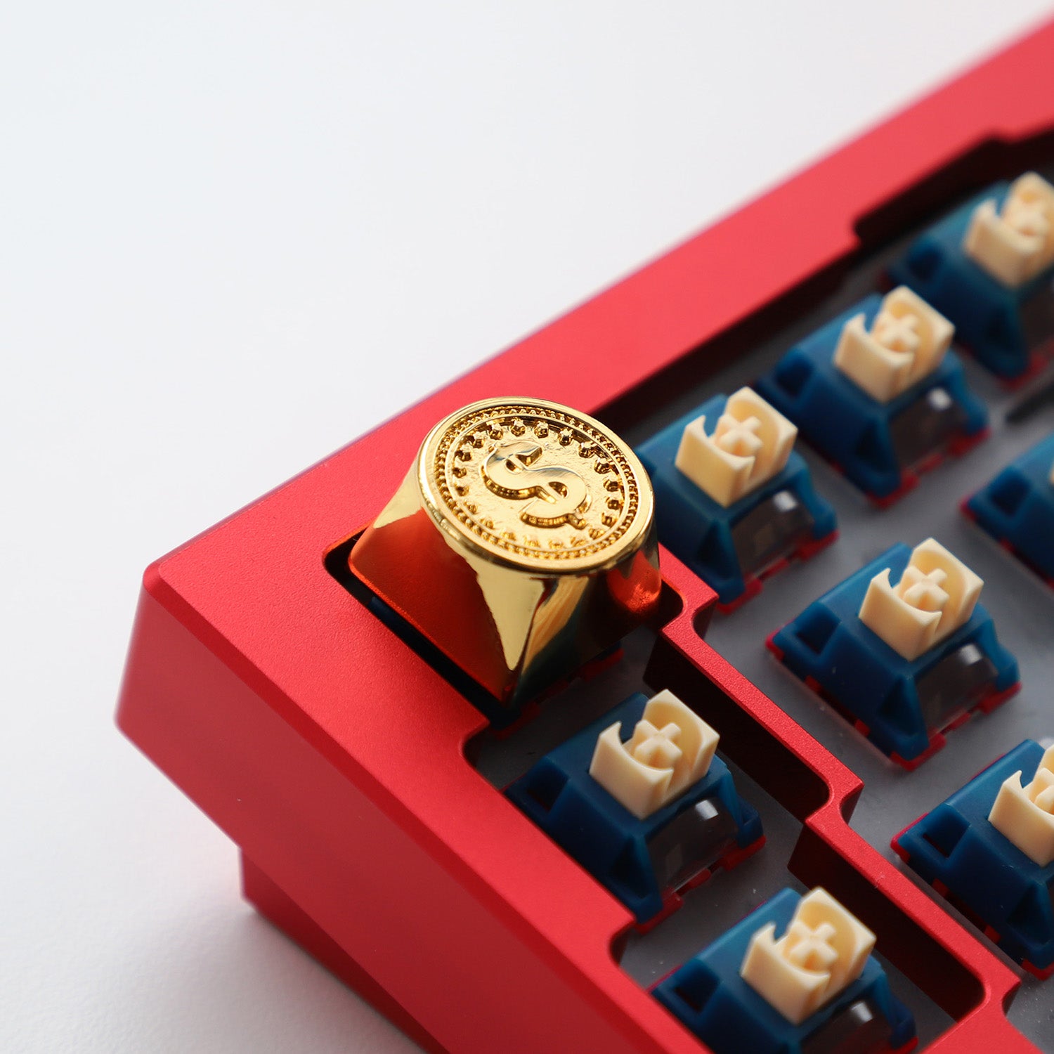 Metal personalized keycaps, featuring gold bar and gold brick shaped enter keys, made of zinc alloy material with original height, including enter and ESC keys