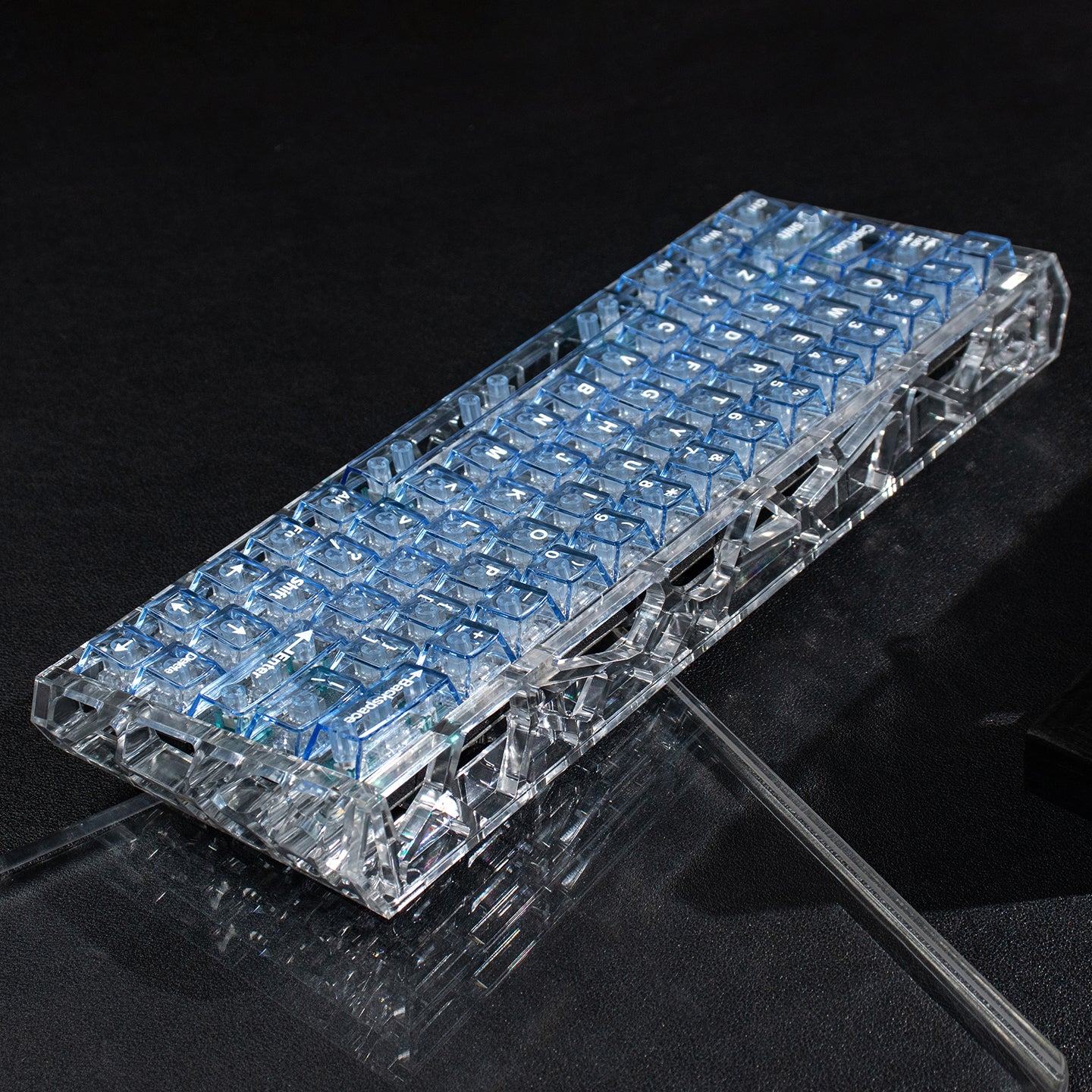 Light blue transparent mechanical keyboard keycaps with transparent PC material for customized keycaps.