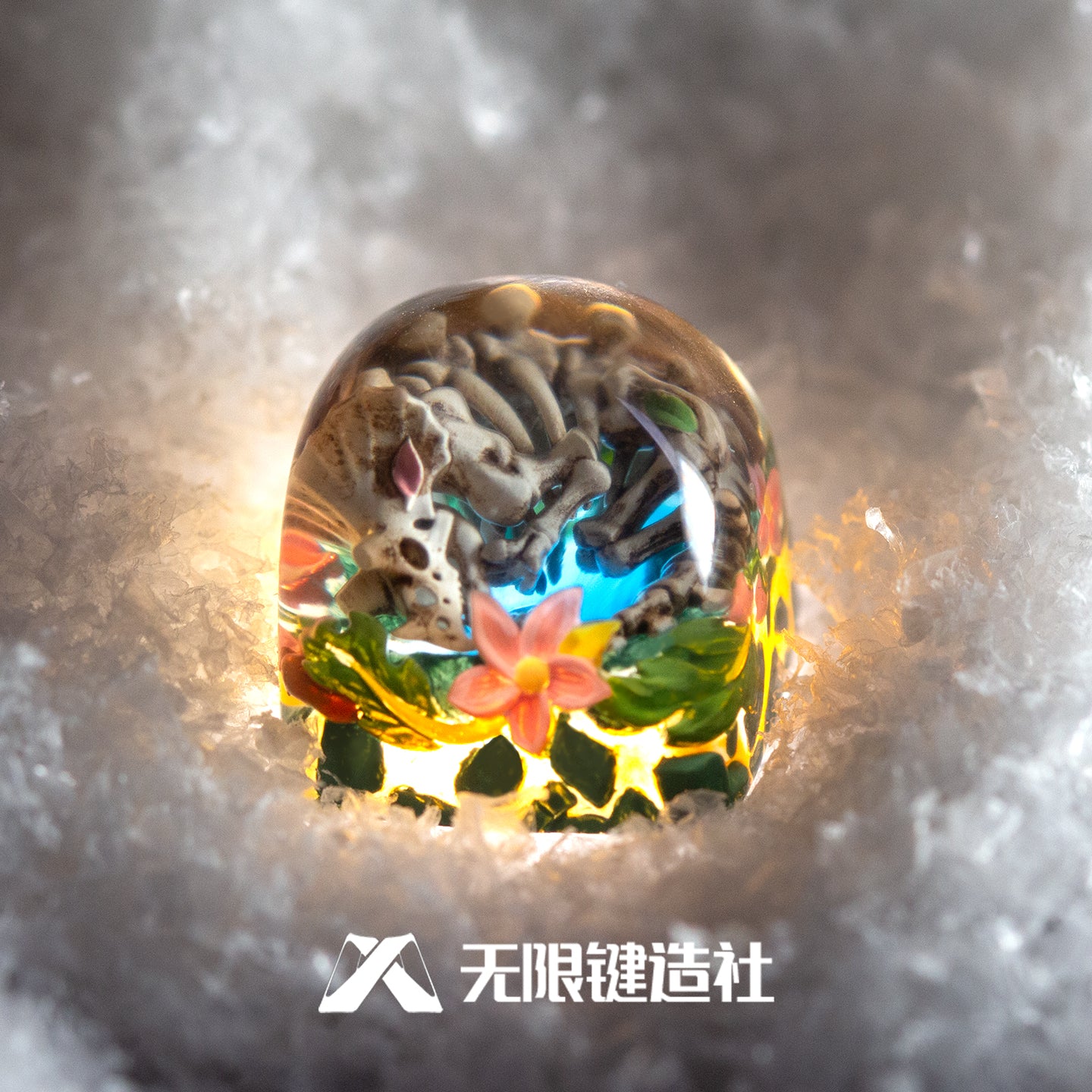 Miniature landscape Triceratops fossil, Crystal drops of glue material artisankeycaps, craftsman decorated keycaps.