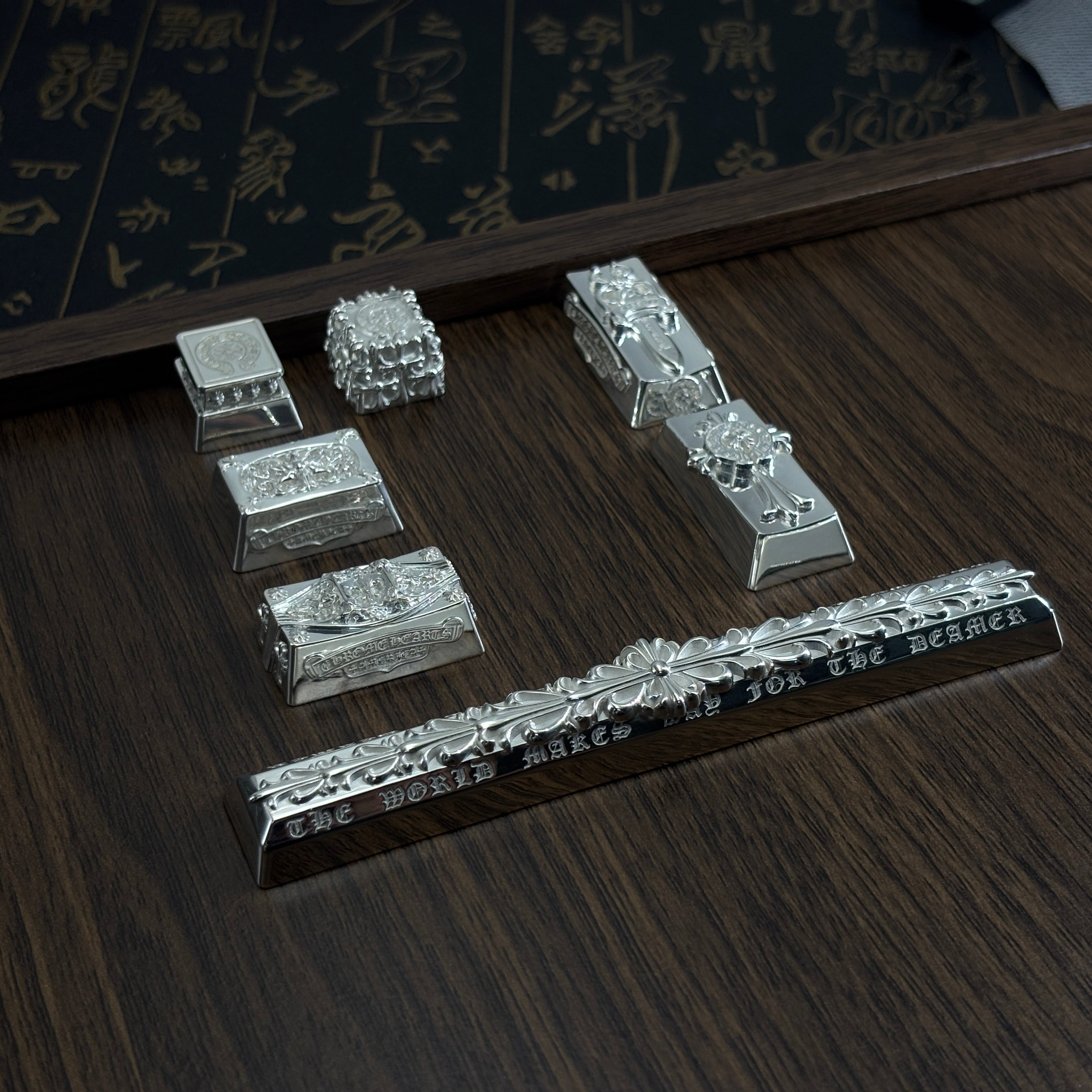 Chrome Hearts style, full keyboard key positions, 925 sterling silver custom trendy cultural keycaps, fashionable and personalized artistic decorative keycaps.
