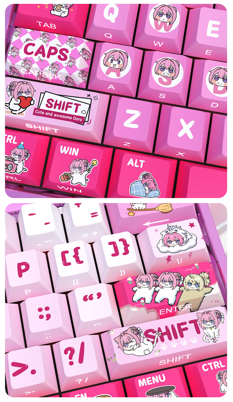 Doro theme, pink personalized keycap set with side engraved original translucent keycap PBT heat sublimation process