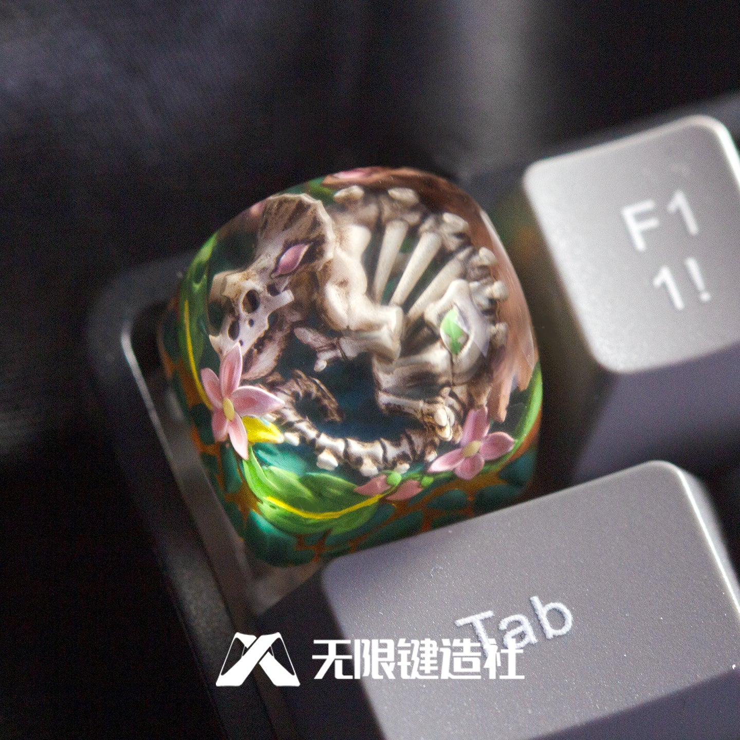 Miniature landscape Triceratops fossil, Crystal drops of glue material artisankeycaps, craftsman decorated keycaps.