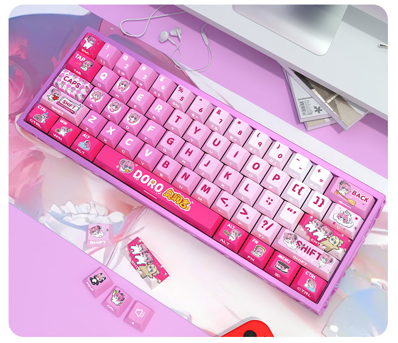 Doro theme, pink personalized keycap set with side engraved original translucent keycap PBT heat sublimation process
