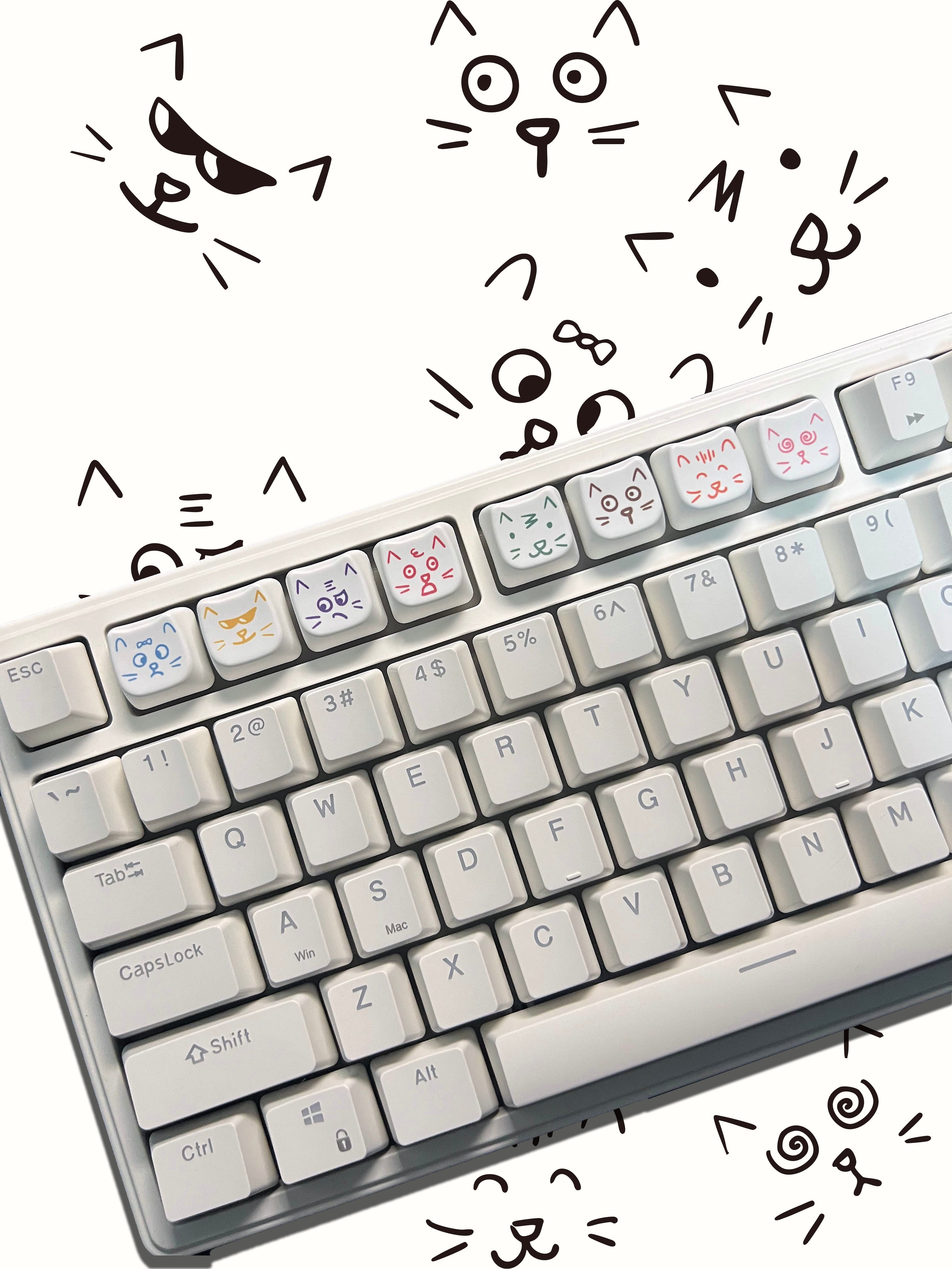 Cute cat 8-key emoji, heat sublimated PTB material, personalized keycap.