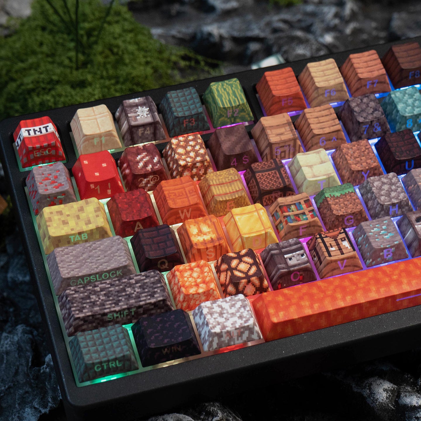 Minecraft theme, side transparent mechanical keyboard keycaps, personalized customization, PBT heat sublimation, original factory height