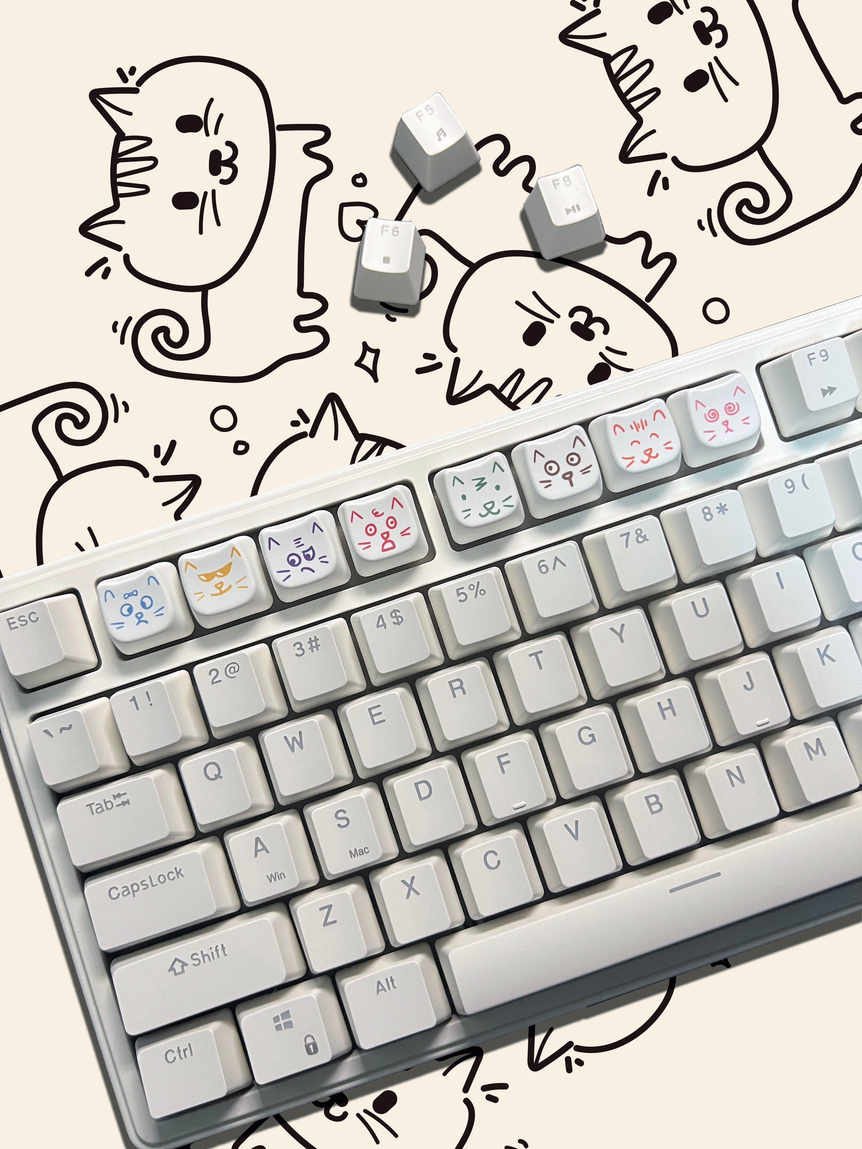 Cute cat 8-key emoji, heat sublimated PTB material, personalized keycap.