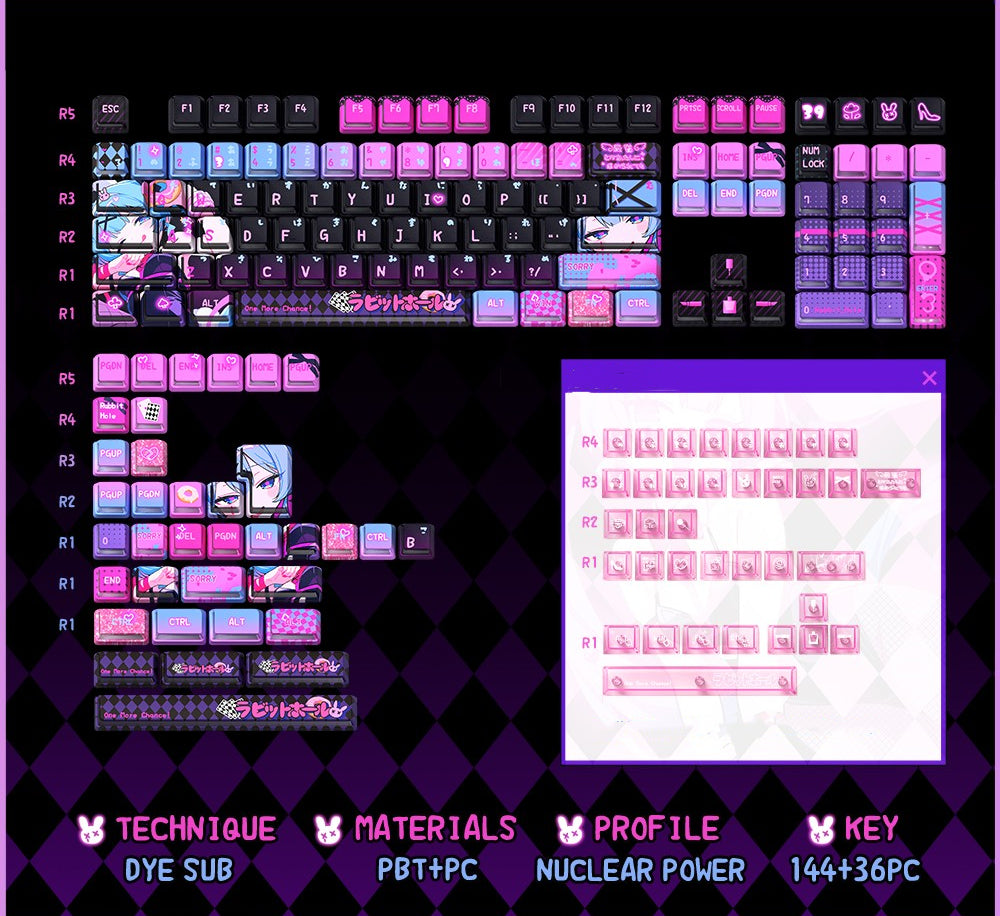 Rabbit Hole themed keycap pbt+PC sublimation technology side transparent personalized keycap set, anime game music themed decorative keycaps