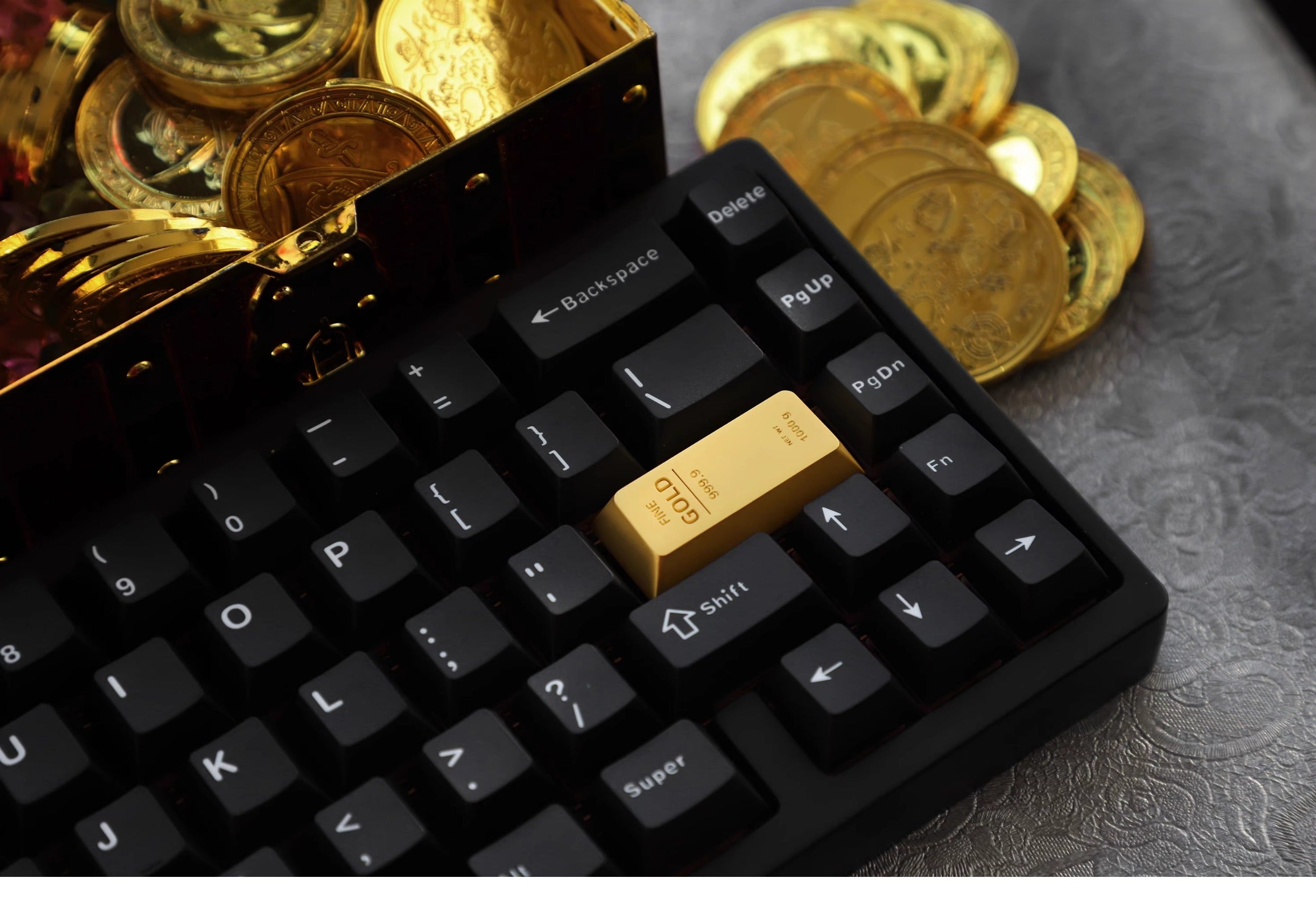 Metal personalized keycaps, featuring gold bar and gold brick shaped enter keys, made of zinc alloy material with original height, including enter and ESC keys