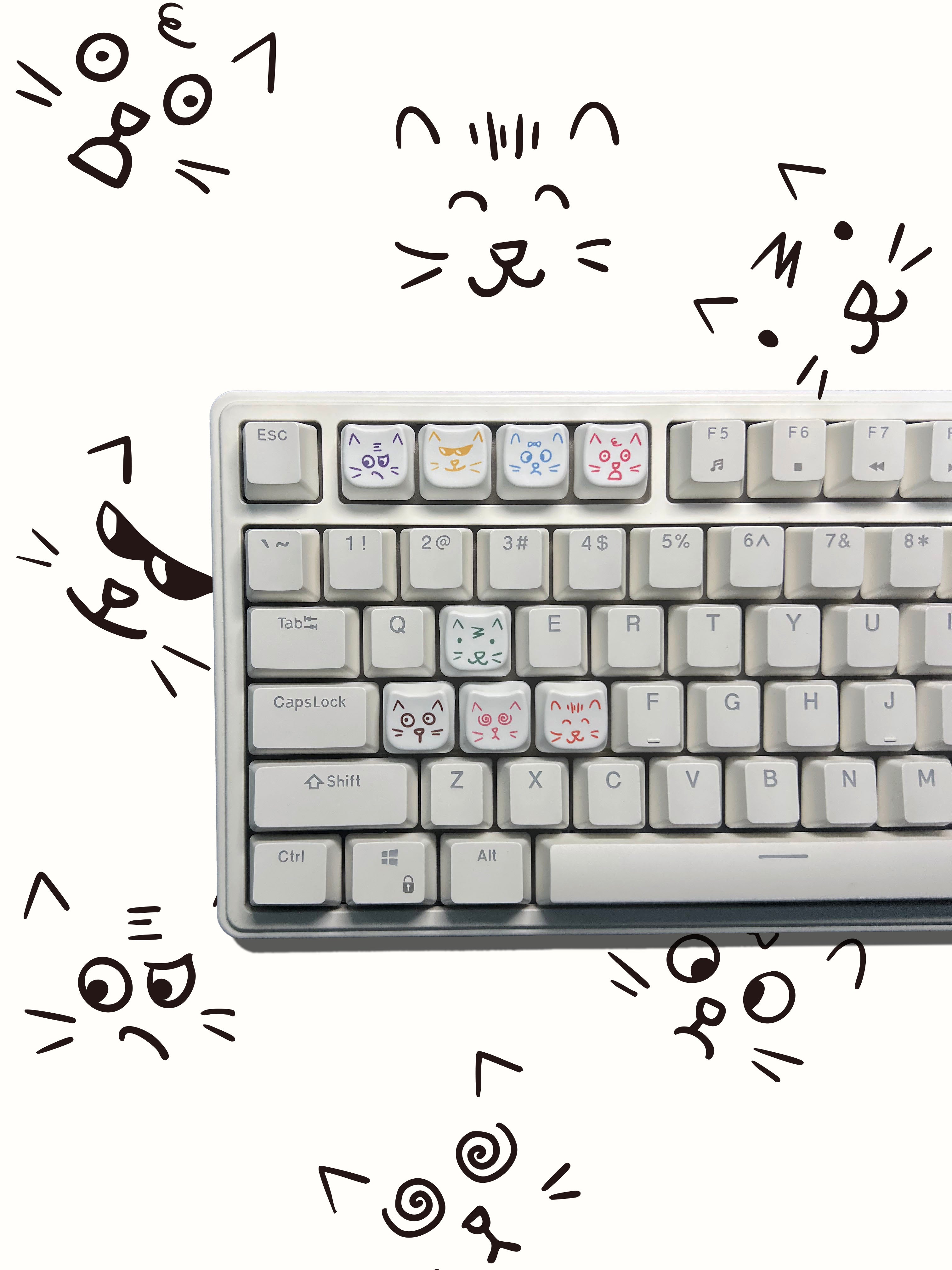 Cute cat 8-key emoji, heat sublimated PTB material, personalized keycap.