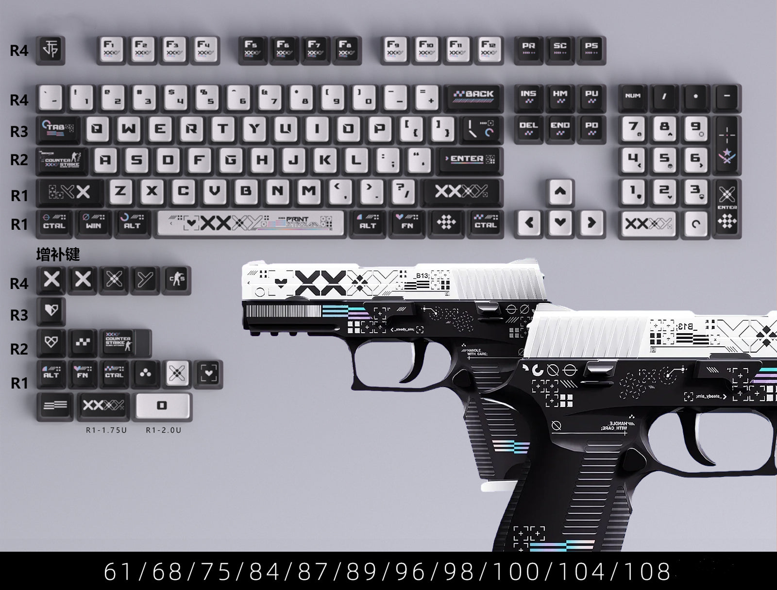 CSGO Printed Theme Collection, Black and White PC Transparent, PBT Set Keycaps, Heat Sublimation Personalized Set Keycaps.