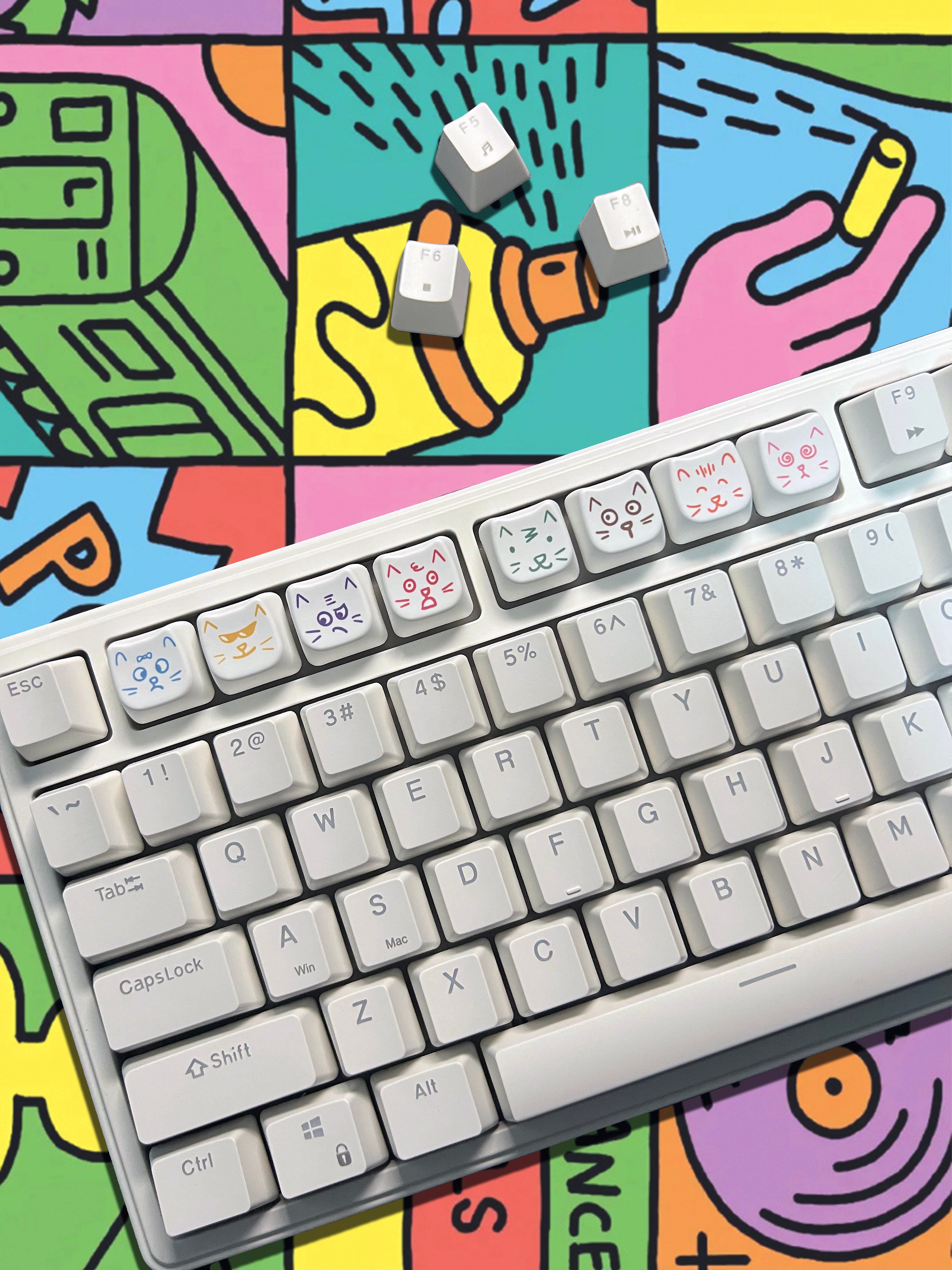 Cute cat 8-key emoji, heat sublimated PTB material, personalized keycap.