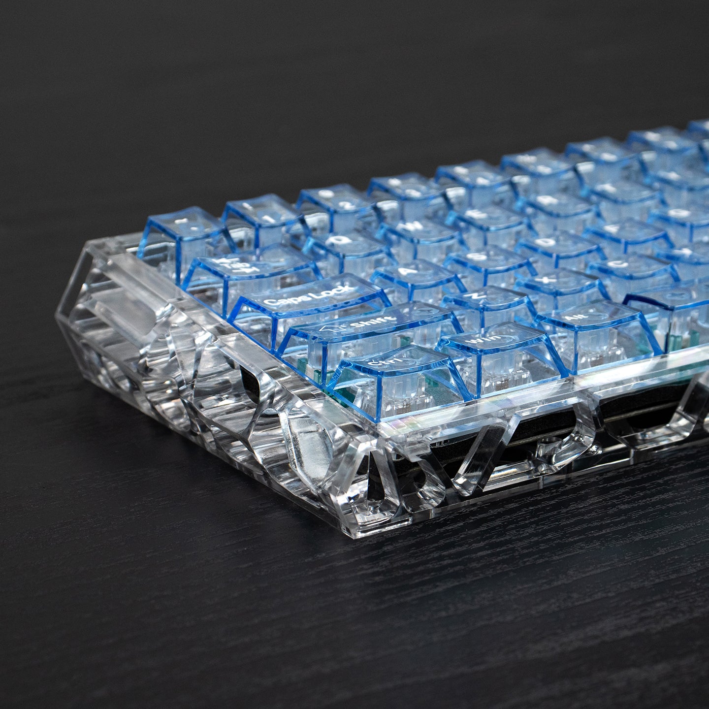 Light blue transparent mechanical keyboard keycaps with transparent PC material for customized keycaps.