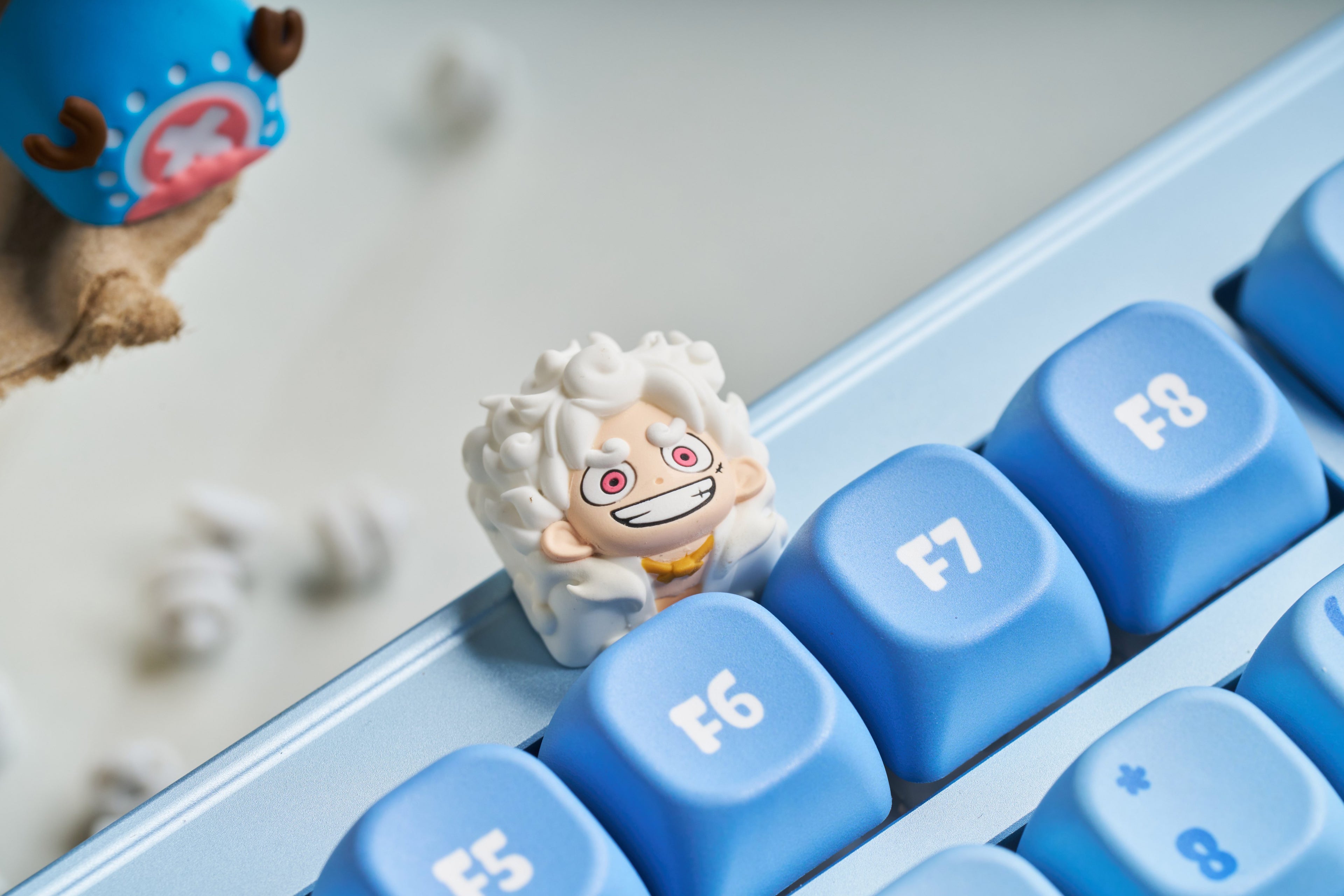 One Piece, Nika Luffy, Tony Tony Chopper hats, multi colored resin molded personalized keycaps, artisankeycaps artistic handmade keycaps.