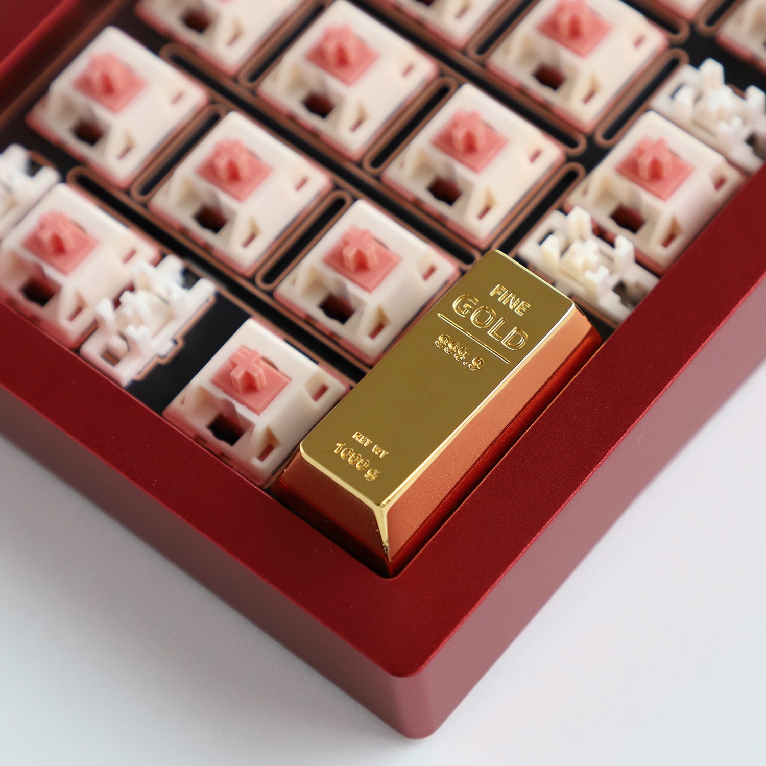 Metal personalized keycaps, featuring gold bar and gold brick shaped enter keys, made of zinc alloy material with original height, including enter and ESC keys