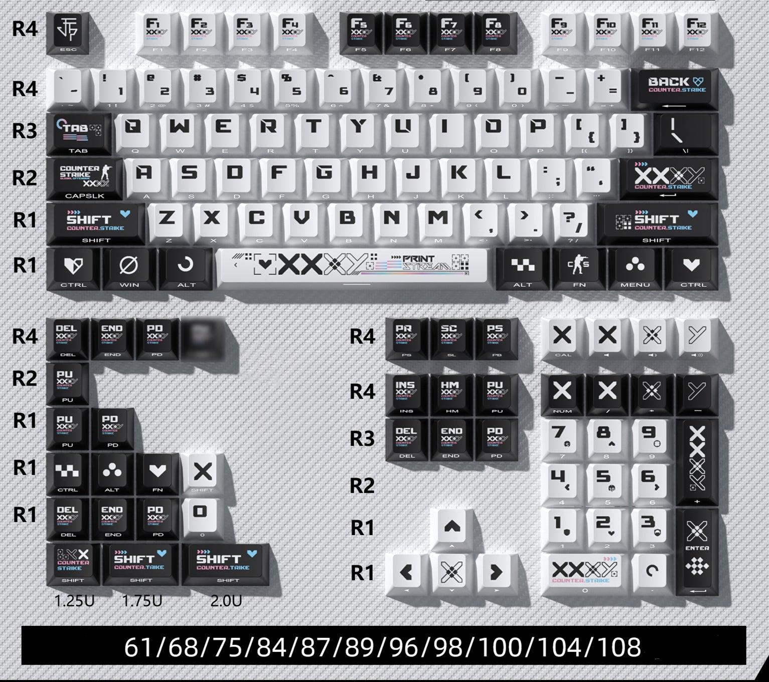 CSGO Printed Theme Collection, Black and White PC Transparent, PBT Set Keycaps, Heat Sublimation Personalized Set Keycaps.
