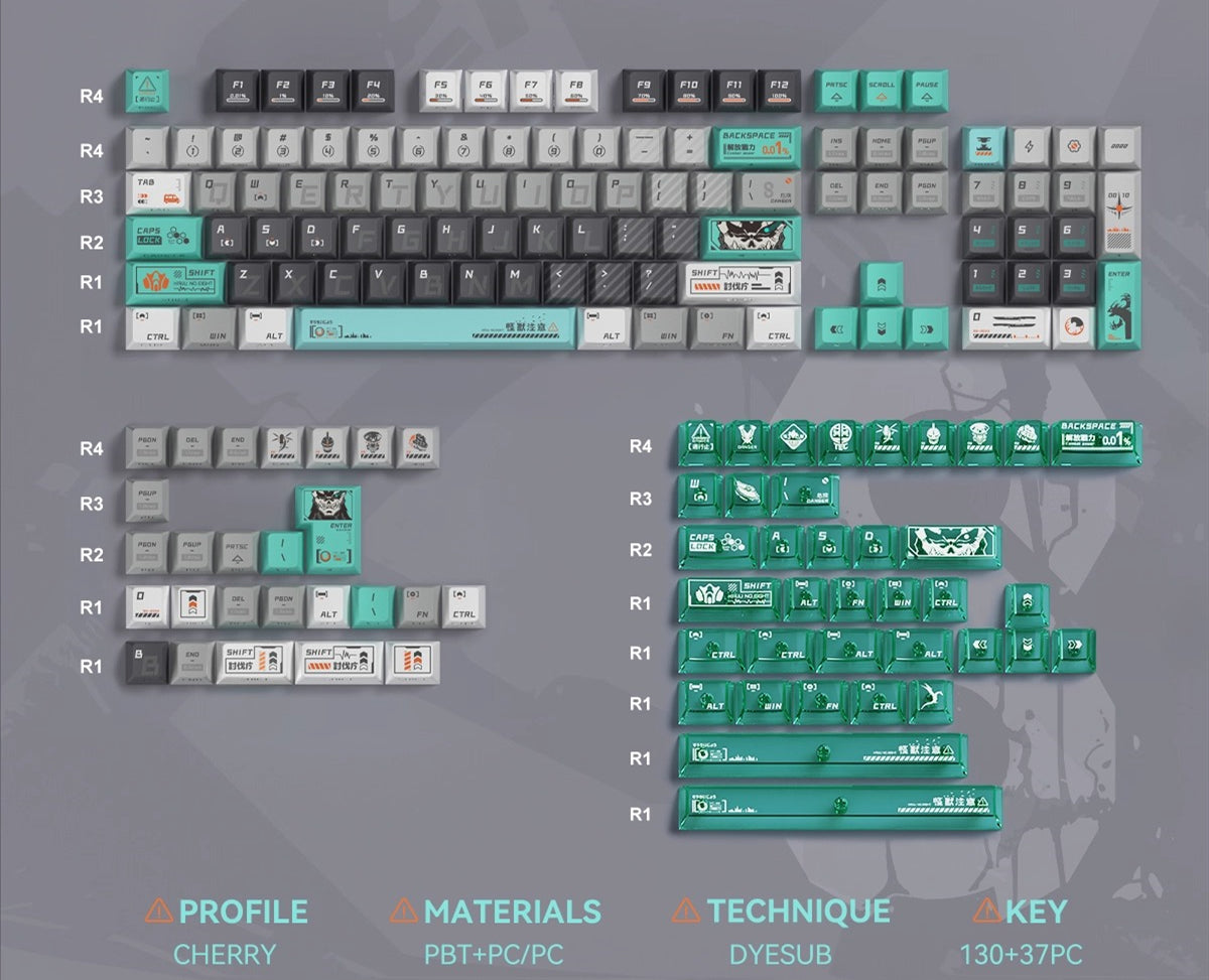 Kaiju No.8 Theme Keycap PBT+PC Thermal Sublimation Process Side Transparent Personalized Keycap Set, Anime Game Theme Decorative Keycap