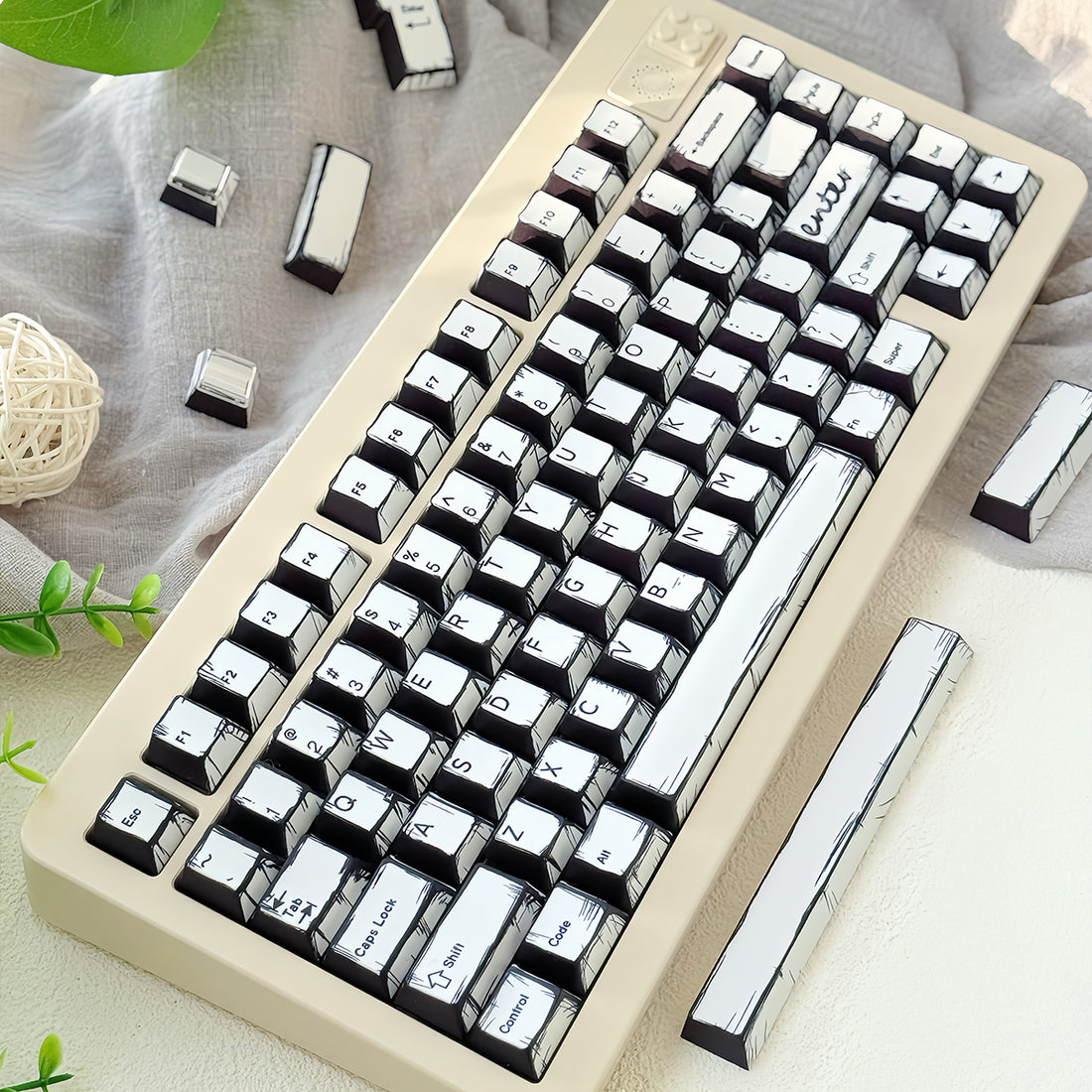 White comic style, PBT heat sublimation original factory highly compatible personalized keycap set.
