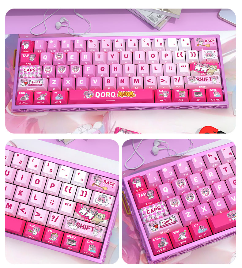 Doro theme, pink personalized keycap set with side engraved original translucent keycap PBT heat sublimation process