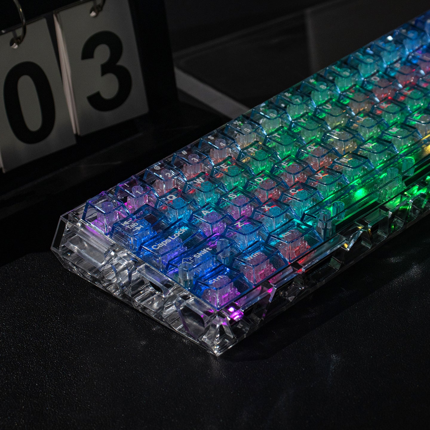 Light blue transparent mechanical keyboard keycaps with transparent PC material for customized keycaps.