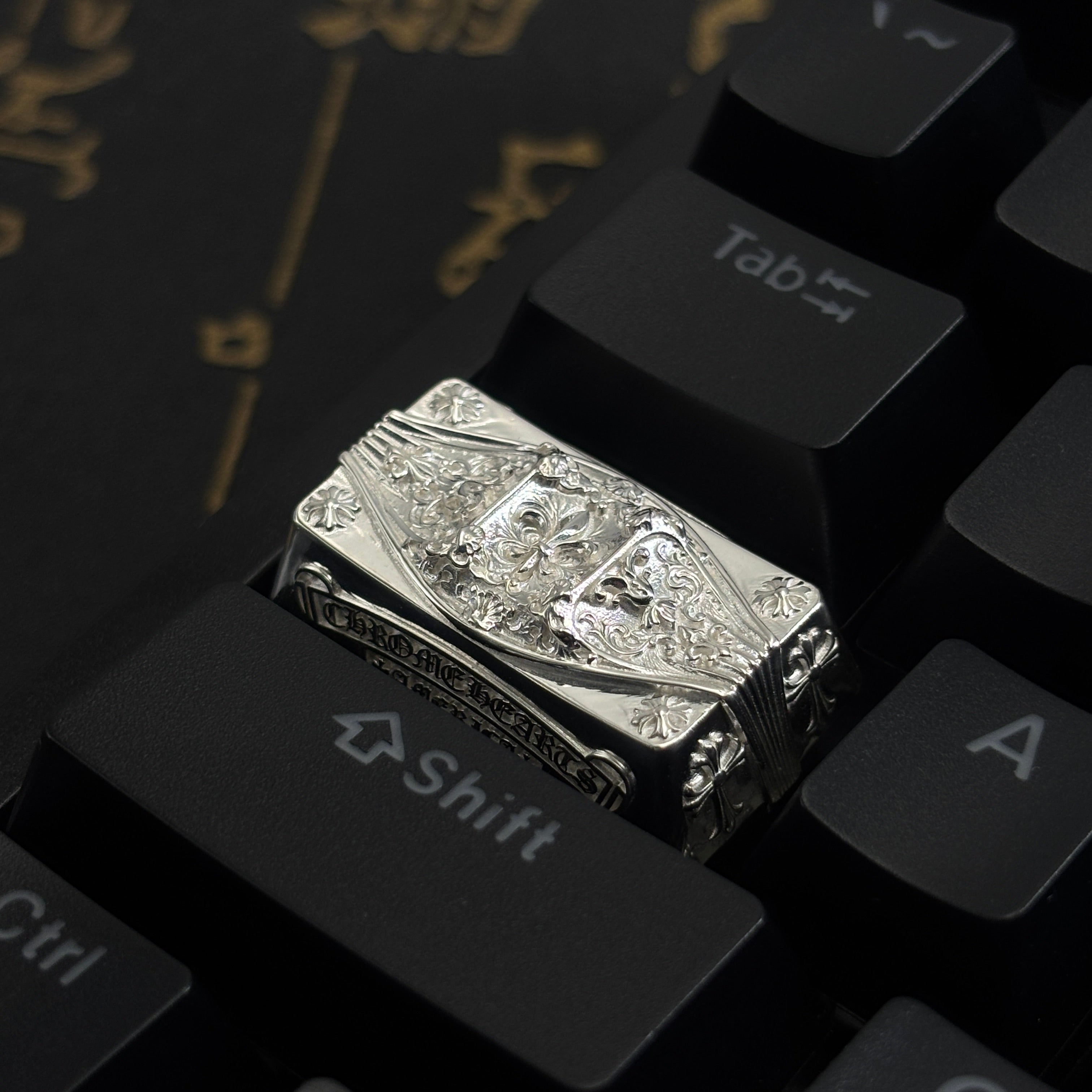 Chrome Hearts style, full keyboard key positions, 925 sterling silver custom trendy cultural keycaps, fashionable and personalized artistic decorative keycaps.