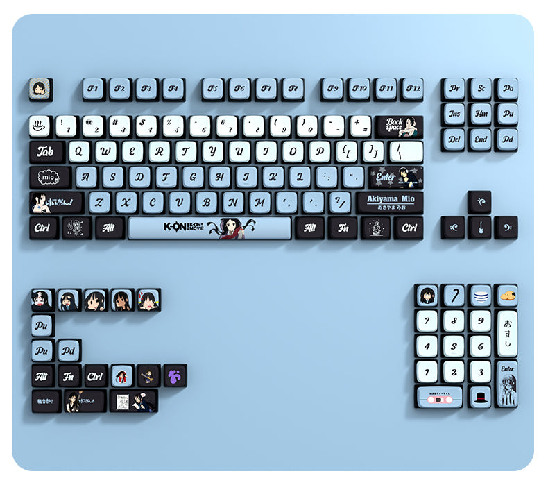 K-ON! Theme: Akiyama Mio Blue Personalized Keycap Set with Original Factory Translucent PBT Thermal Sublimation Process for Side Carving