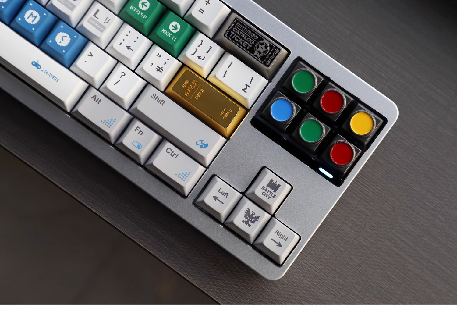 4-color buttons, personalized keycaps for traffic and green light buttons, metal material keycaps for buttons.