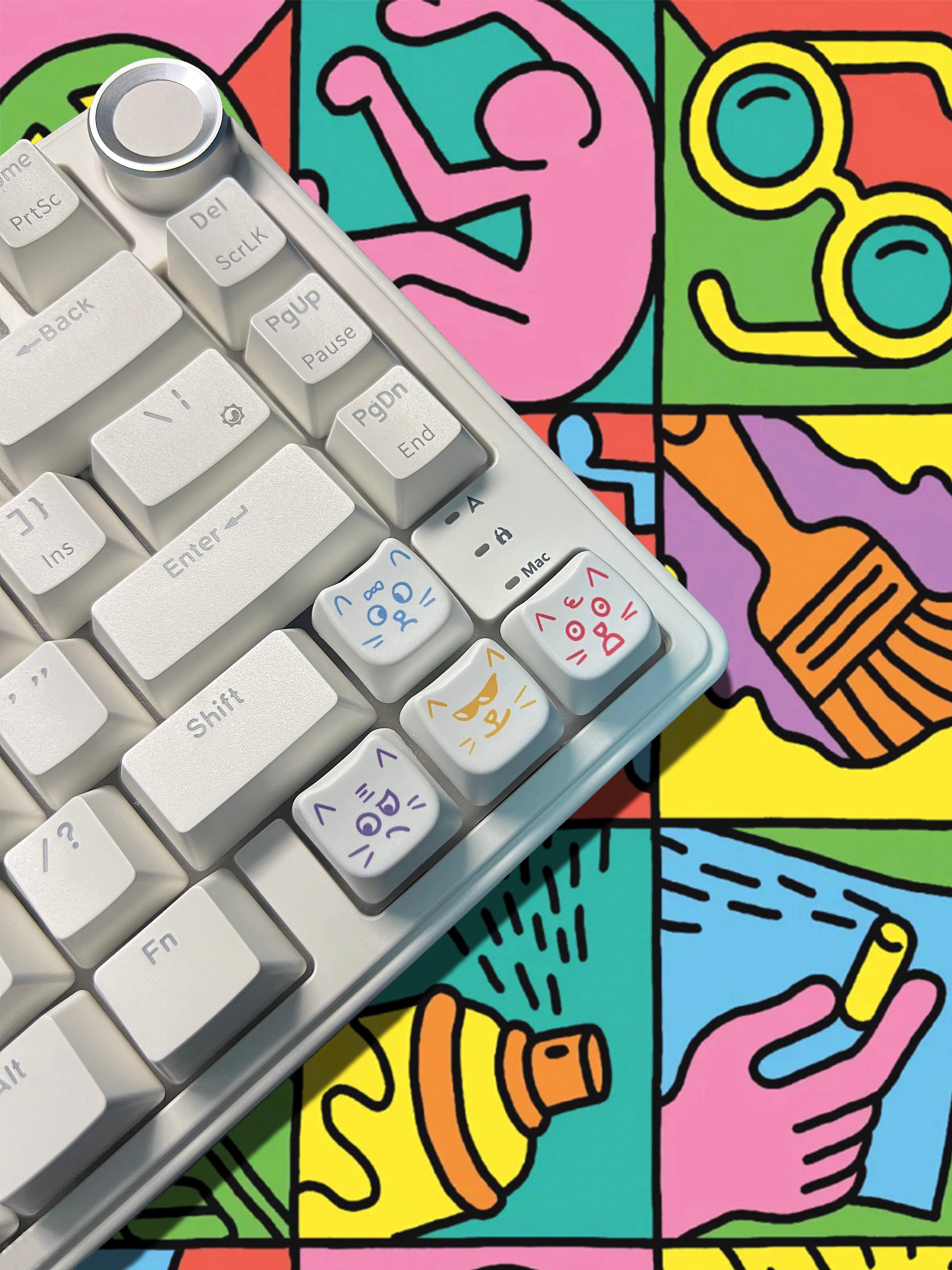 Cute cat 8-key emoji, heat sublimated PTB material, personalized keycap.