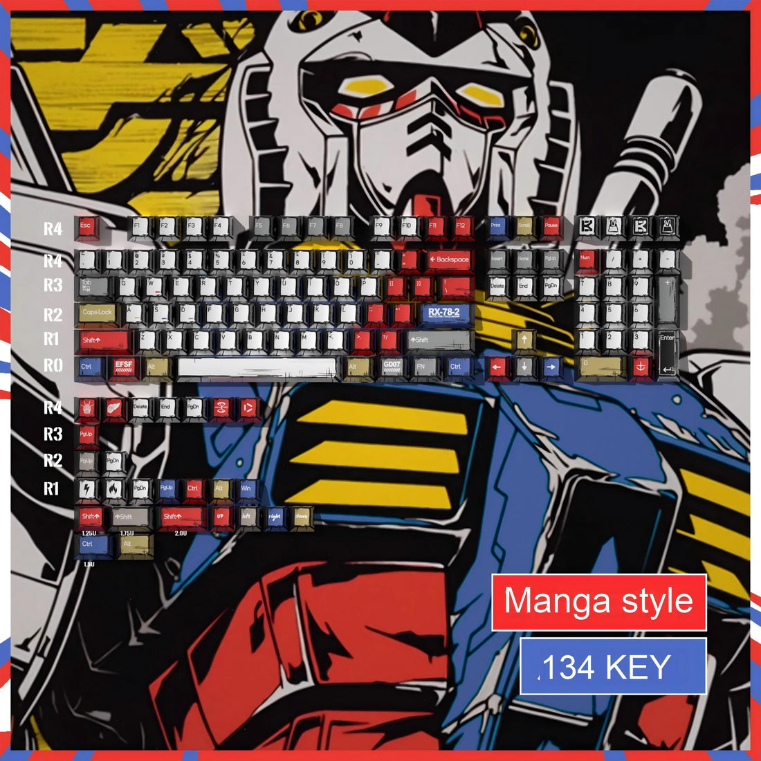 Gundam Theme Series Keycap Set, PBT Material Thermal Sublimation Process, Mechanical Keyboard Keycap Set.