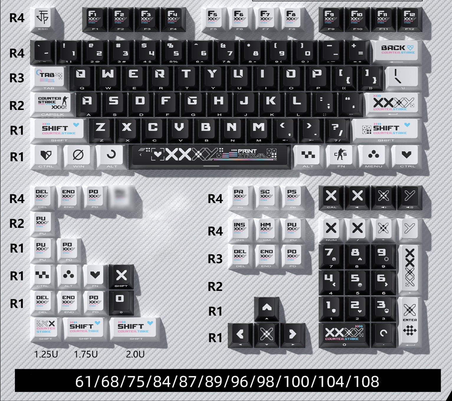 CSGO Printed Theme Collection, Black and White PC Transparent, PBT Set Keycaps, Heat Sublimation Personalized Set Keycaps.