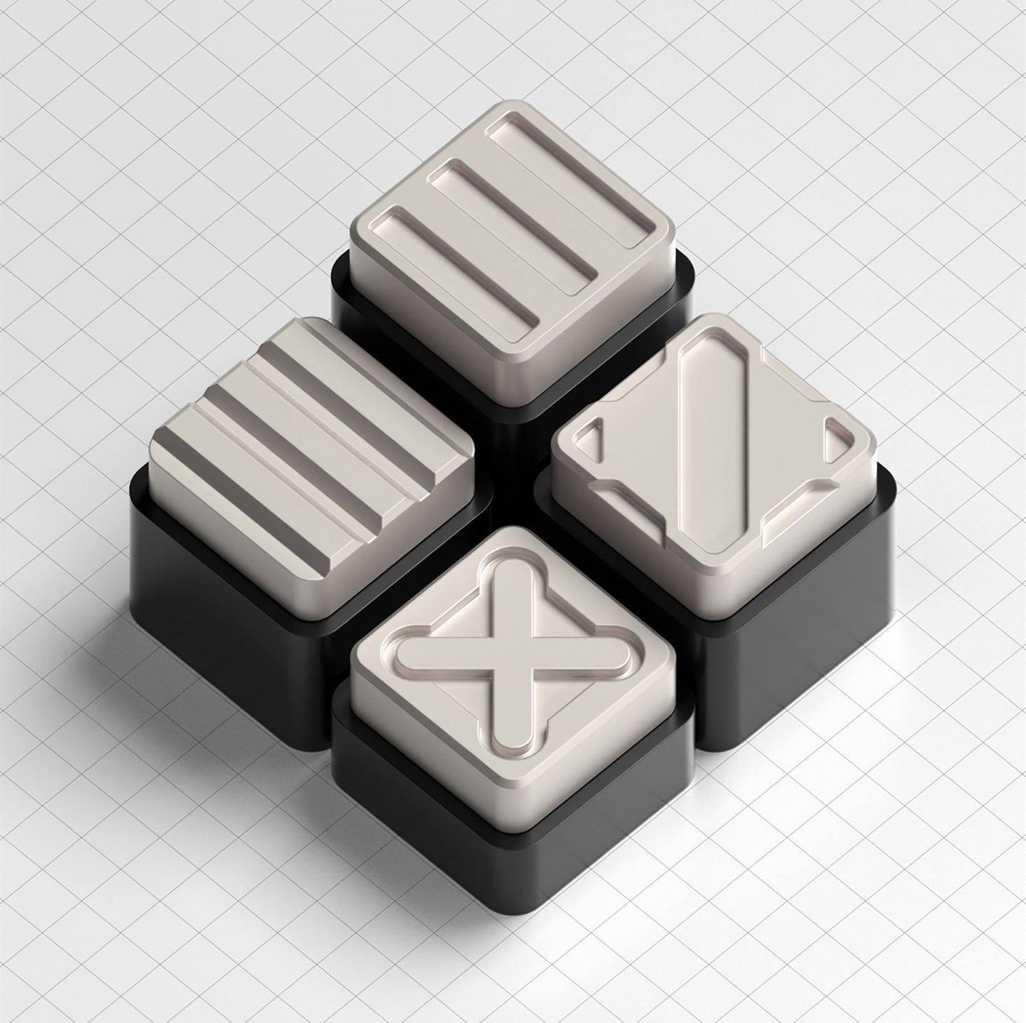 Nuclear Cube themed design, metal black and white color scheme, glossy matte metal, customized personalized keycaps