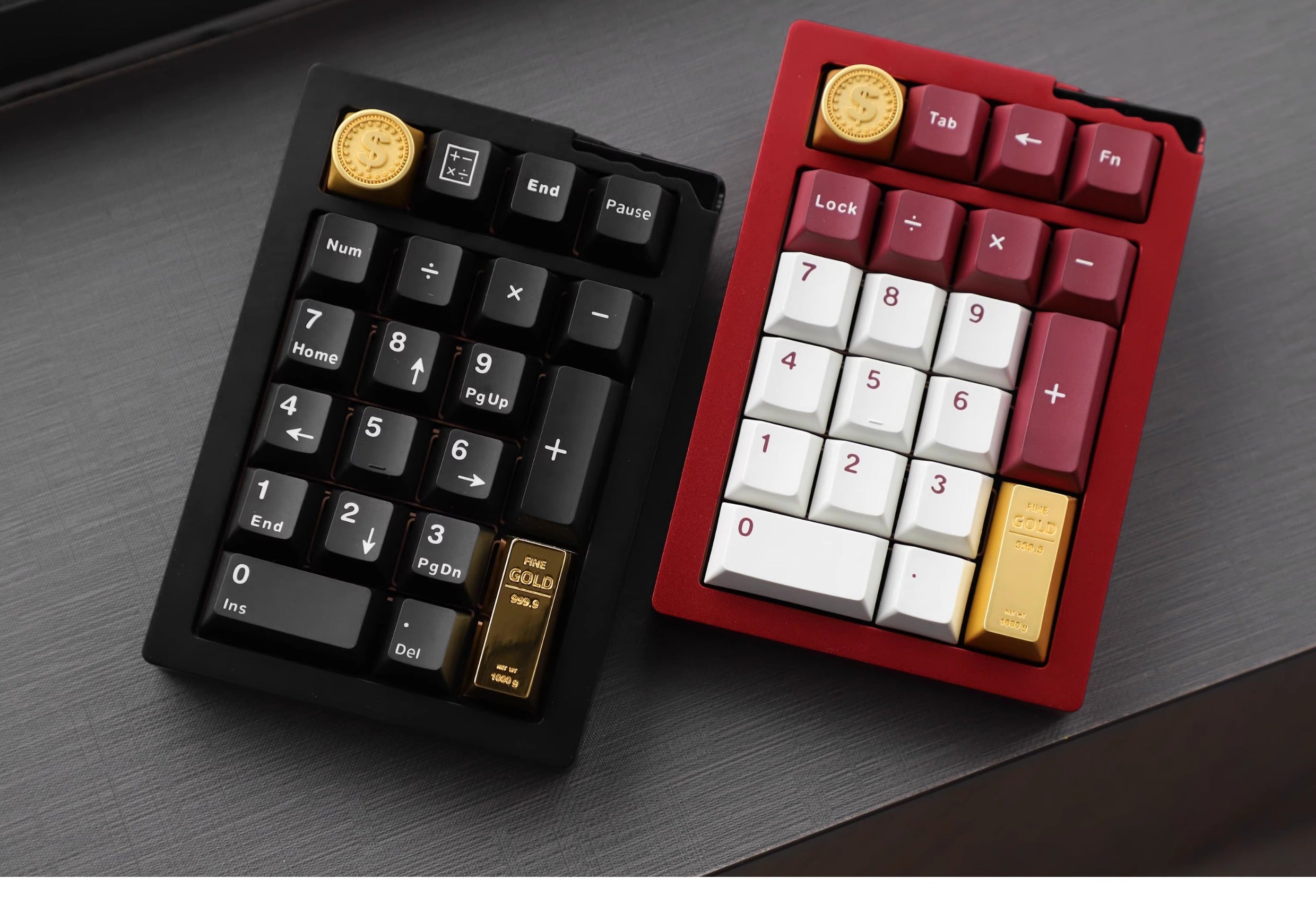 Metal personalized keycaps, featuring gold bar and gold brick shaped enter keys, made of zinc alloy material with original height, including enter and ESC keys