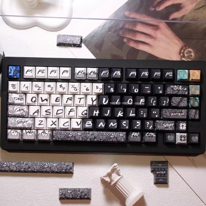 Paisley pattern, black and white dual color matching custom set personalized keycap series, PBT material, compatible with 61/64/68/75/84/87/104 mechanical keyboard keycap set