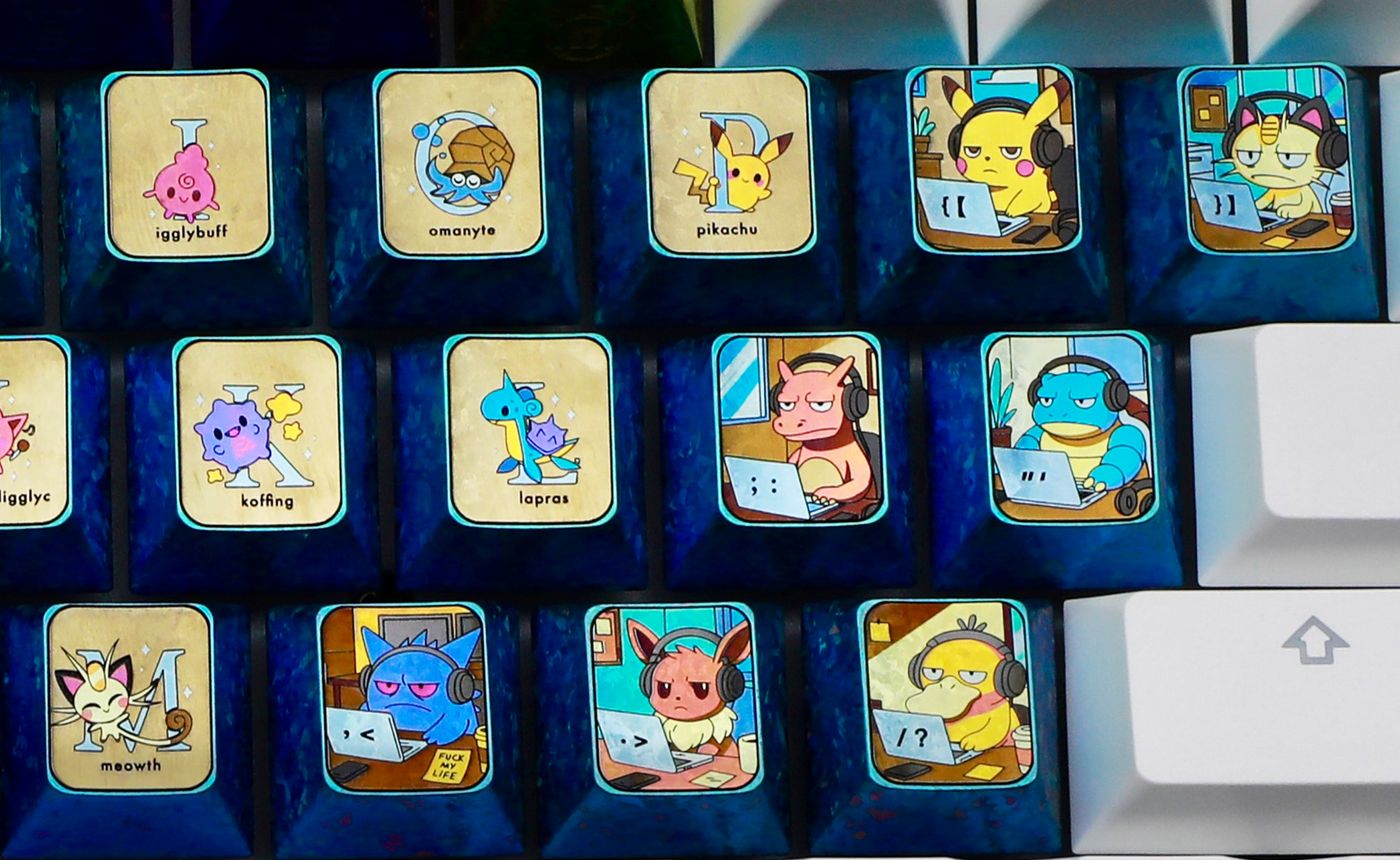 Pok é mon titanium alloy, 26 letter key set/7 character key set. Metallic personalized keycaps.