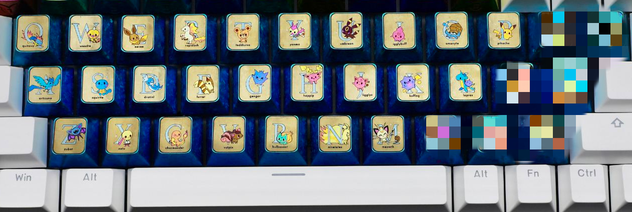 Pok é mon titanium alloy, 26 letter key set/7 character key set. Metallic personalized keycaps.
