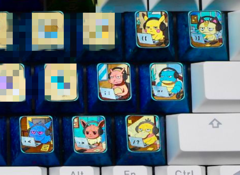 Pok é mon titanium alloy, 26 letter key set/7 character key set. Metallic personalized keycaps.