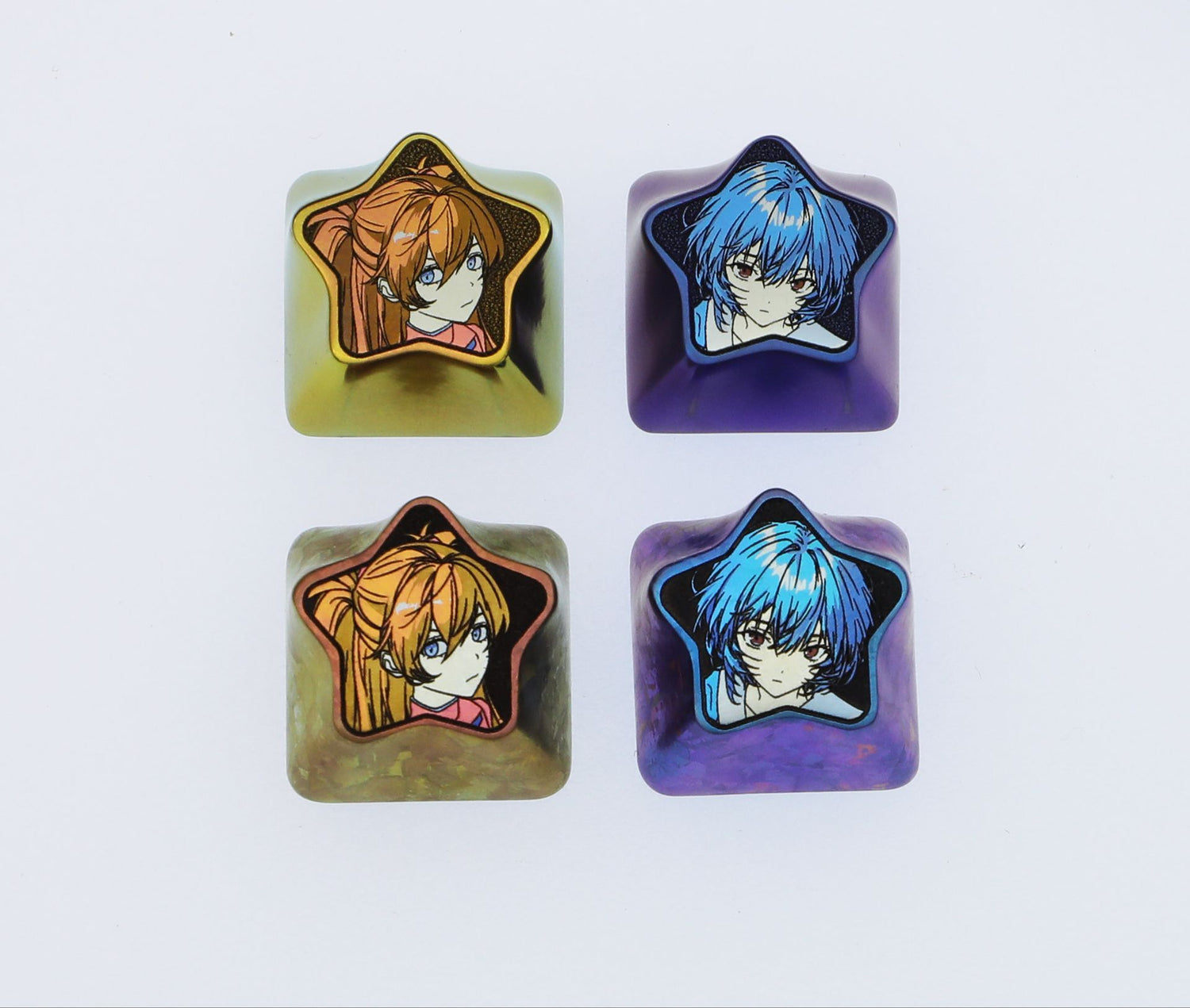 EVA, Asuka, Ayanami Rei. Pentagram shaped titanium alloy carved keycaps, personalized keycaps, keyboard decorative keycaps