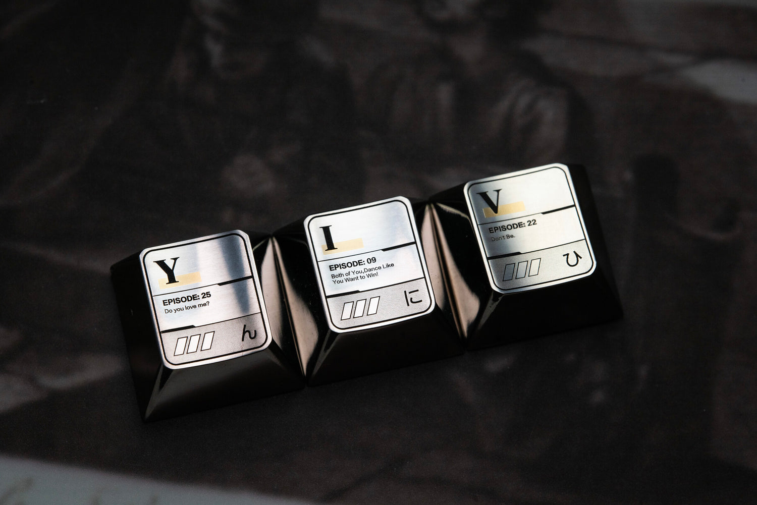 EVA theme, 26 letter key titanium alloy set, metal set personalized keycaps, anime themed keycaps.