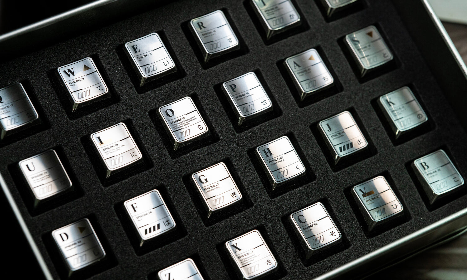 EVA theme, 26 letter key titanium alloy set, metal set personalized keycaps, anime themed keycaps.