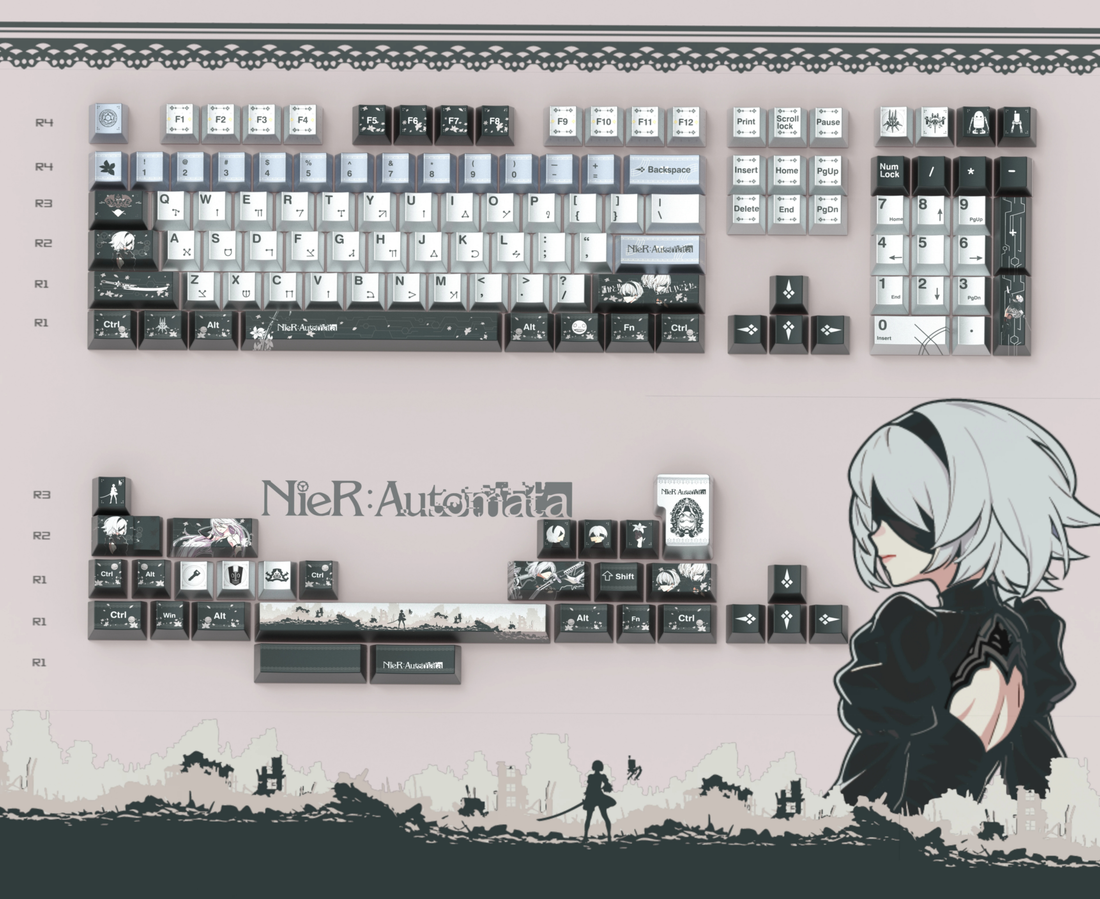 NieR: Automata theme design, custom set personalized keycap series, PBT material, factory height, compatible with 61/64/68/75/84/87/104 mechanical keyboard keycap set