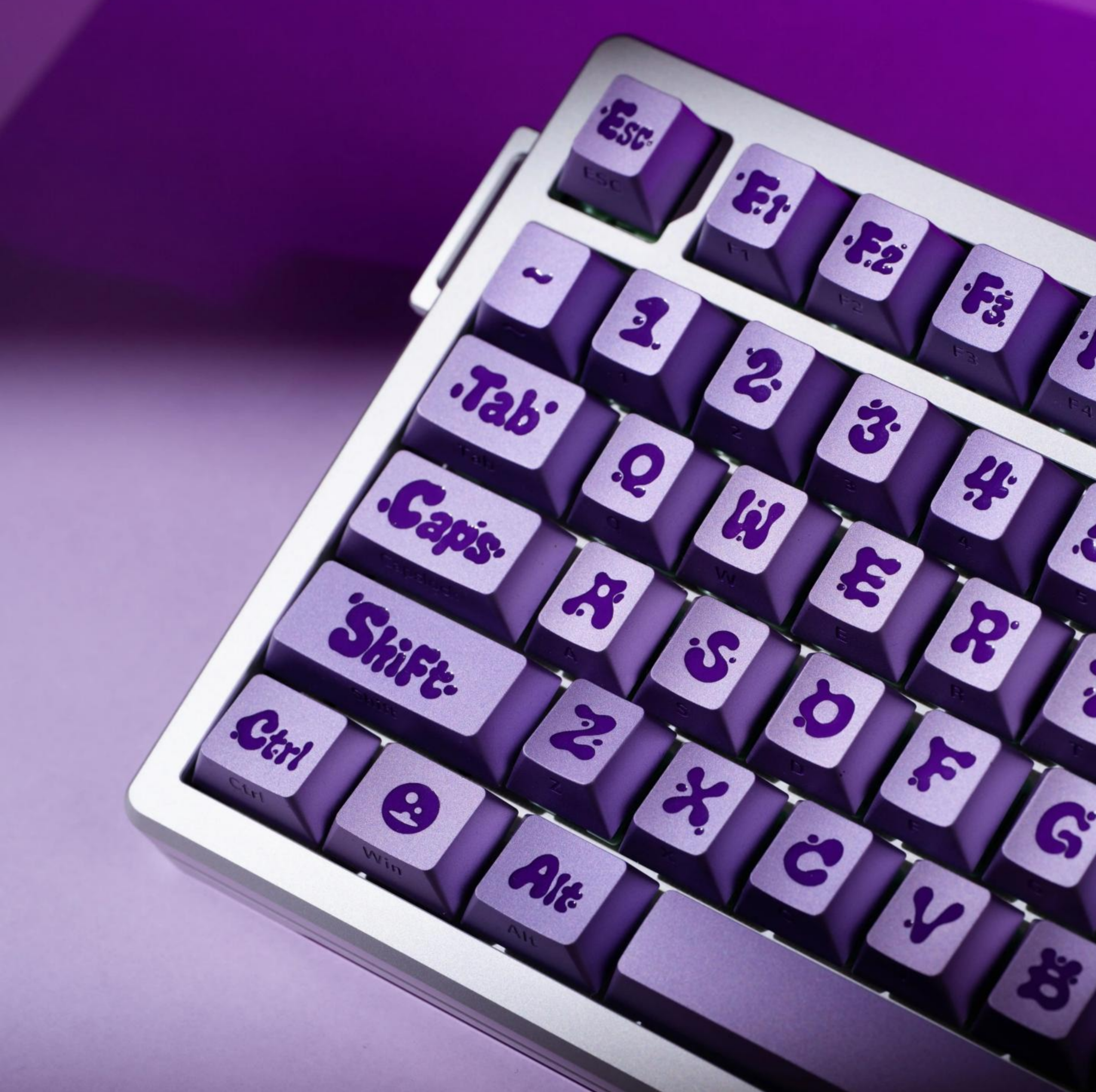 Anode violet aluminum alloy metal keycap set factory height, mechanical keyboard metal decorative keycaps, liquid character design artistic keycaps