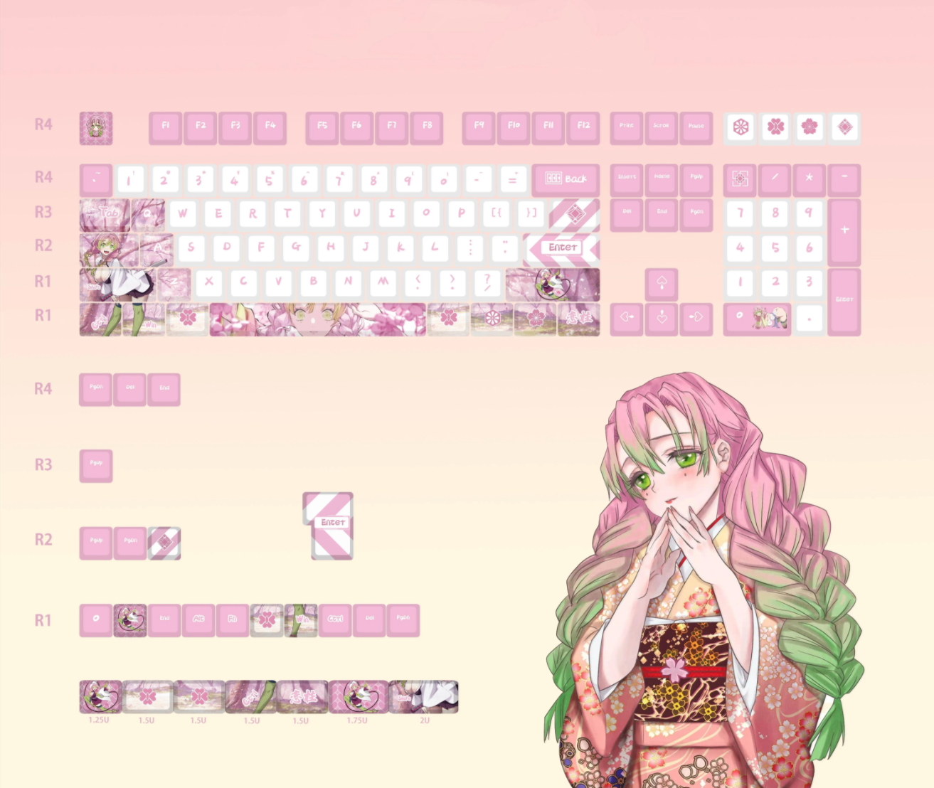 Demon Slayer: Kimetsu No Yaiba, Kanroji Mitsuri Theme PBT material personalized keycaps, mechanical keyboard replacement keycap set, anime and game cultural and creative keycaps set, Compatible with 61/64/68/75/84/87/104 Key Mechanical Keyboard Keycap Set