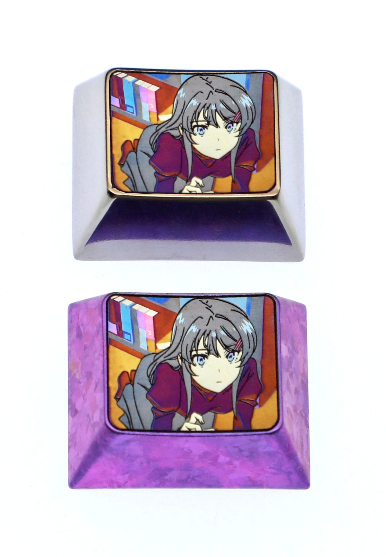 Sakurajima Mai, 1.25U titanium alloy personalized keycap, metal carved decorative keycap for anime, gaming, and novels.
