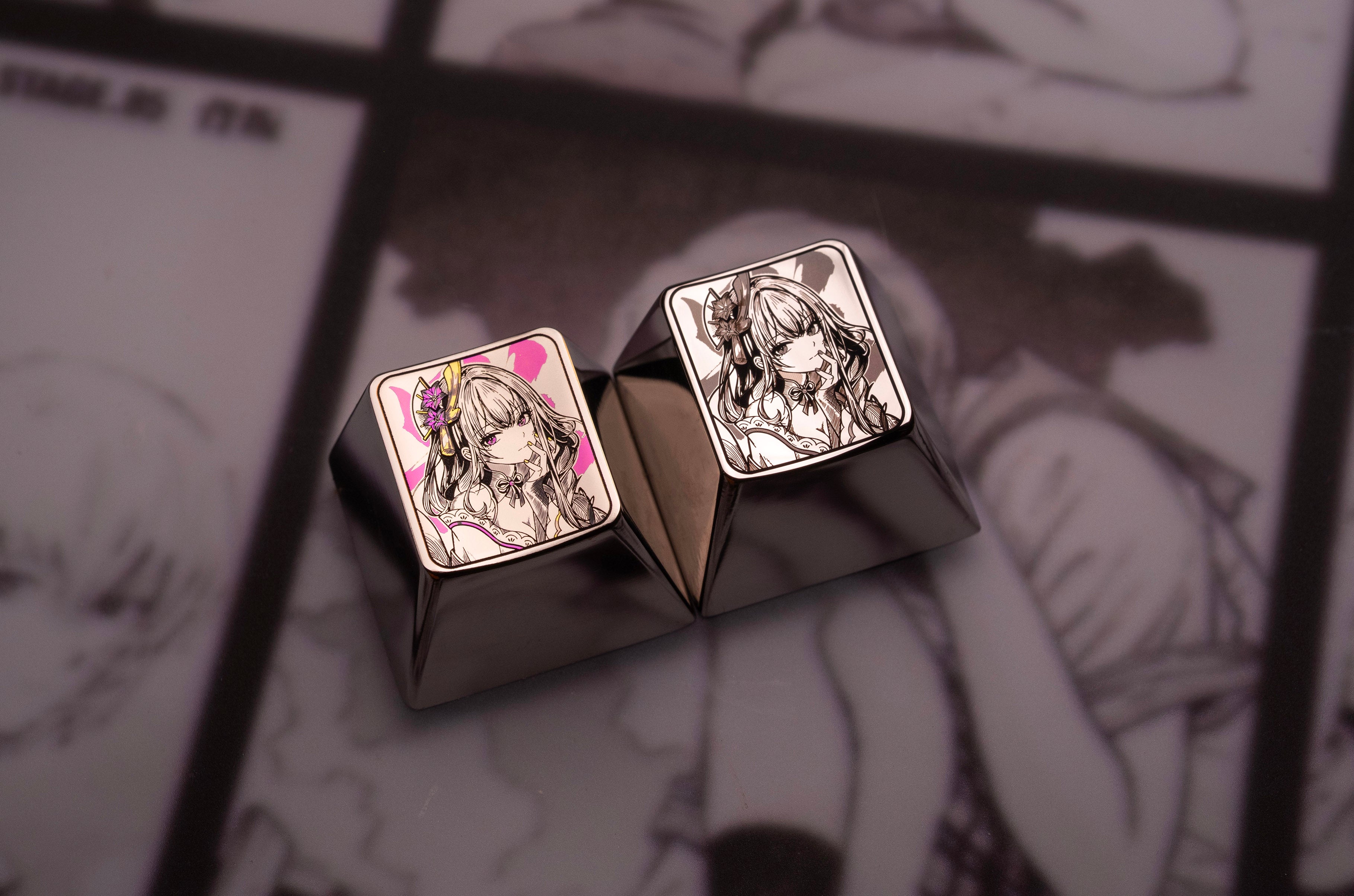 Genshin Impact, Raiden Shogun themed design, 1U titanium alloy personalized keycaps, anime, gaming, cultural innovation, mechanical keyboard, metal art decorative keycaps