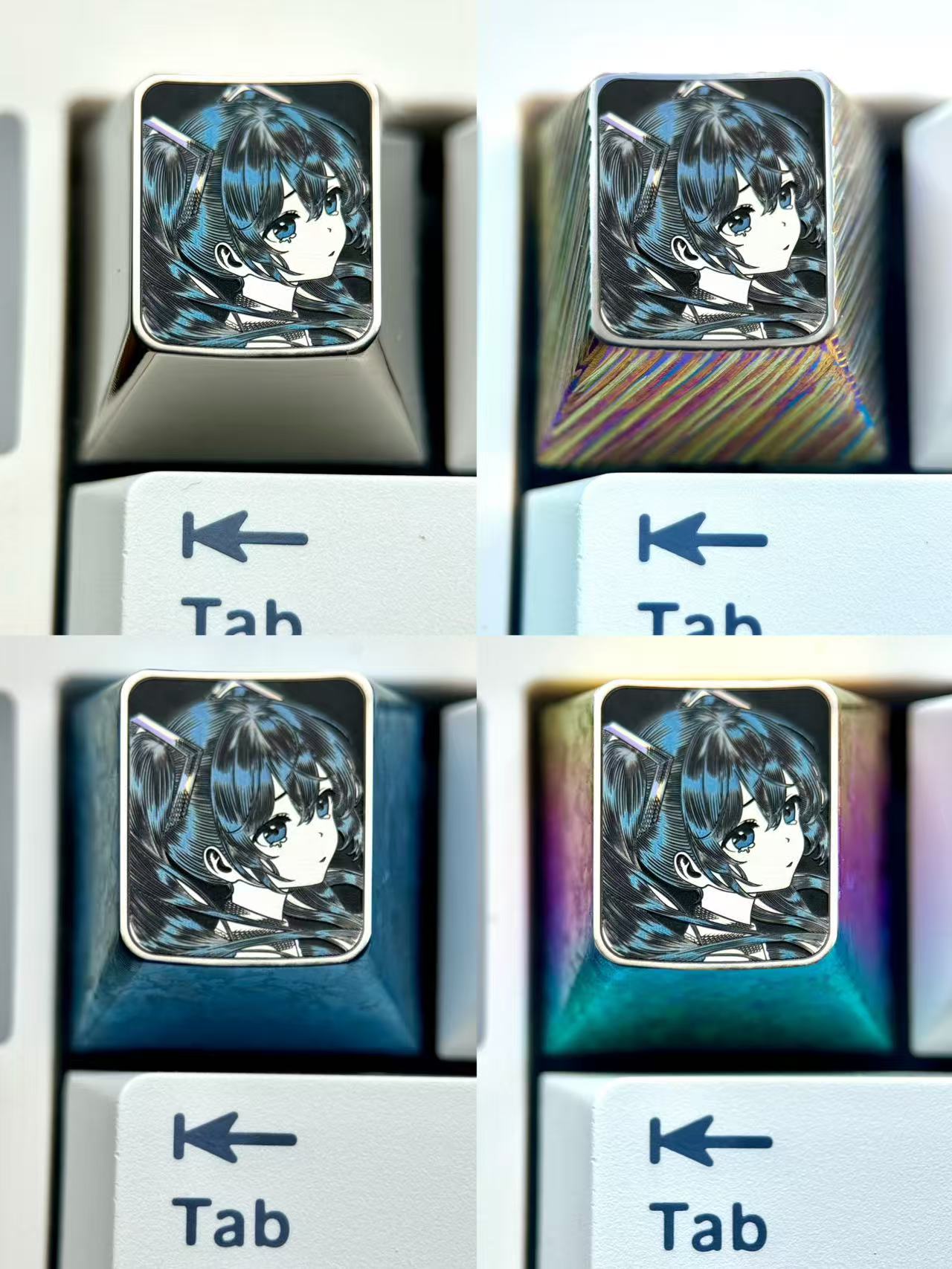 Hatsune Miku, crying expression 1U titanium alloy ultra precision stippling, animation game music characters surrounding metal engraving personalized keycaps