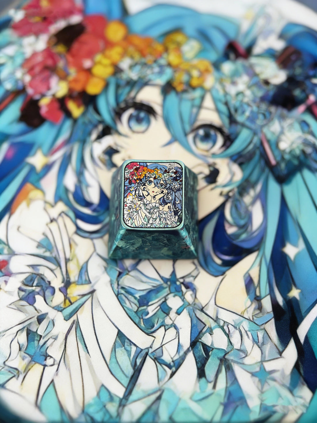 Hatsune Miku flower fairy shape, 1U titanium alloy personalized key cap, animation game music metal carving decorative key cap
