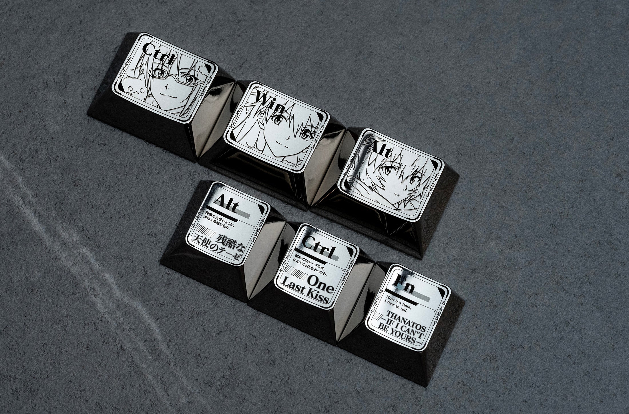 EVA keycaps with bottom row functional key area combination, titanium alloy personalized keycaps, anime and game cultural creative metal carving decorative keycaps.