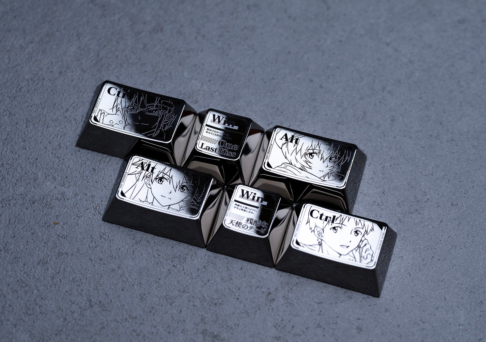 EVA keycaps with bottom row functional key area combination, titanium alloy personalized keycaps, anime and game cultural creative metal carving decorative keycaps.